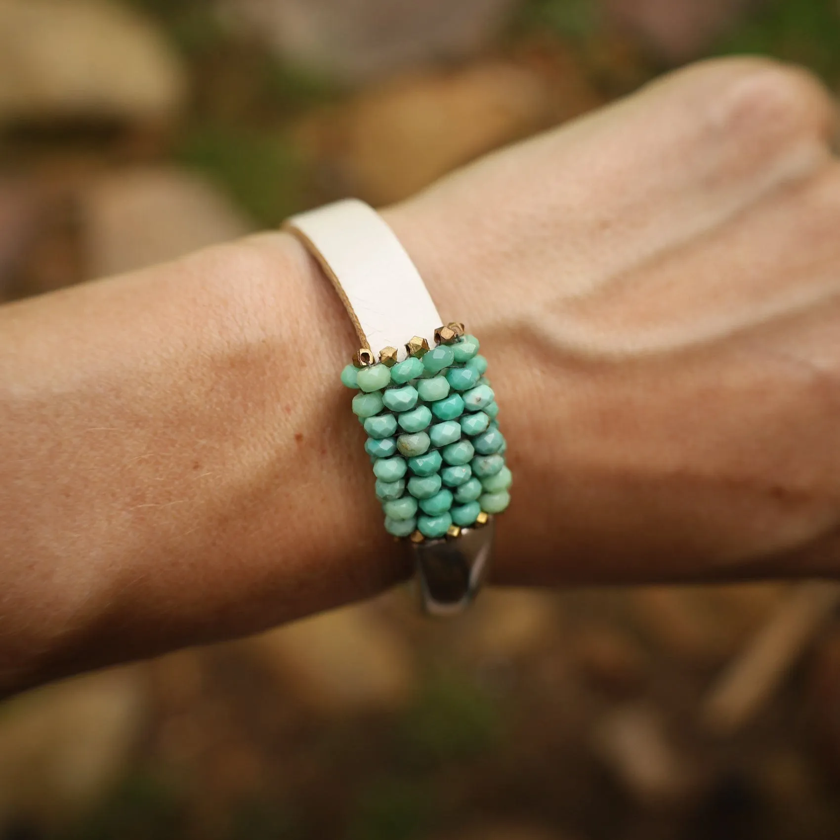 Hand Stitched Moss Green Opal & Small Brass Nugget Bracelet