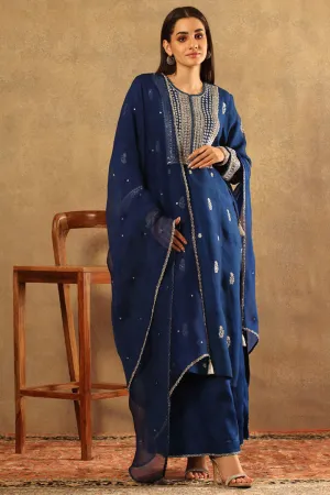 Handwoven Opal Blue Katan Silk Kurta Set