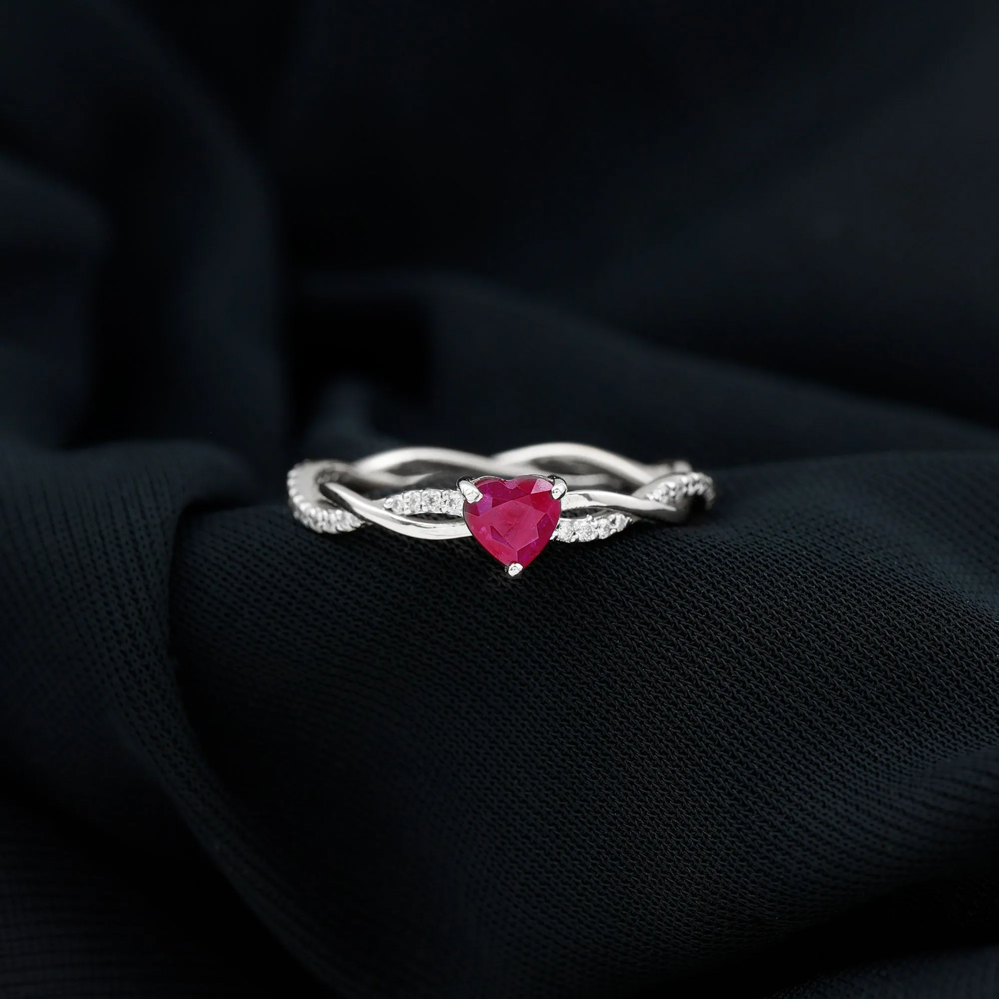 Heart Shape Solitaire Ruby and Diamond Braided Promise Ring