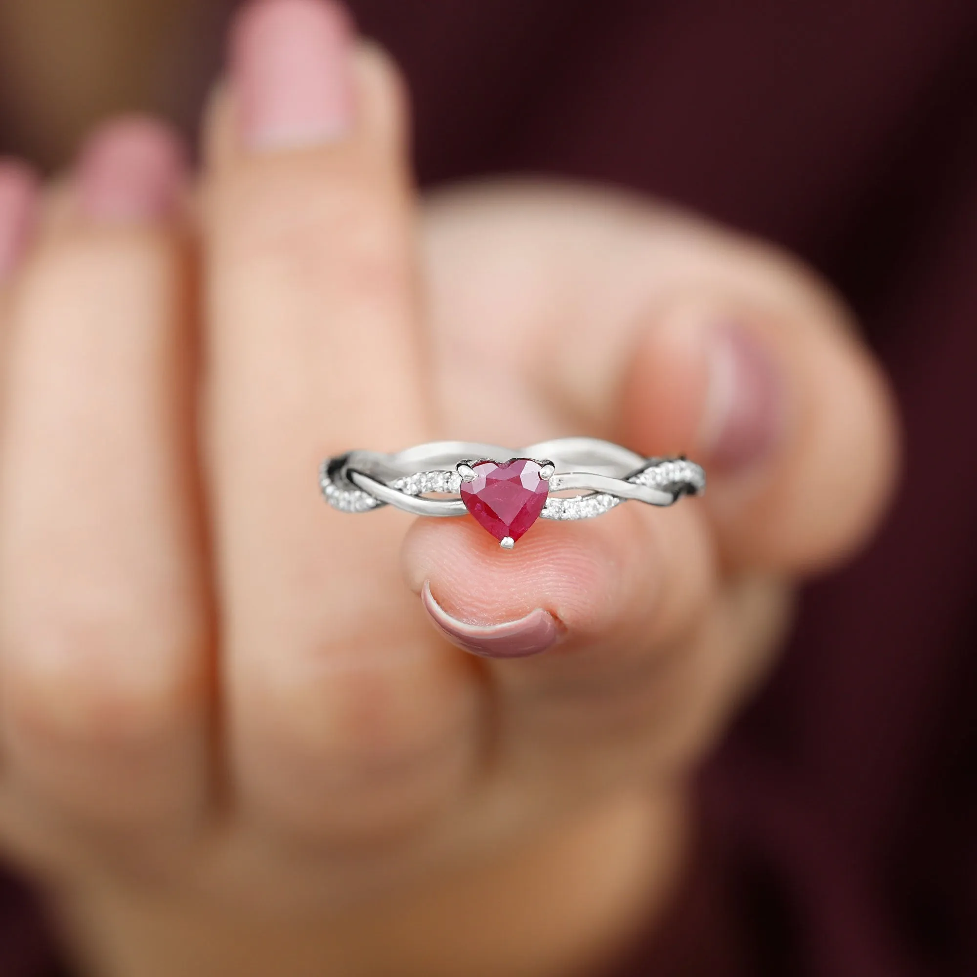 Heart Shape Solitaire Ruby and Diamond Braided Promise Ring