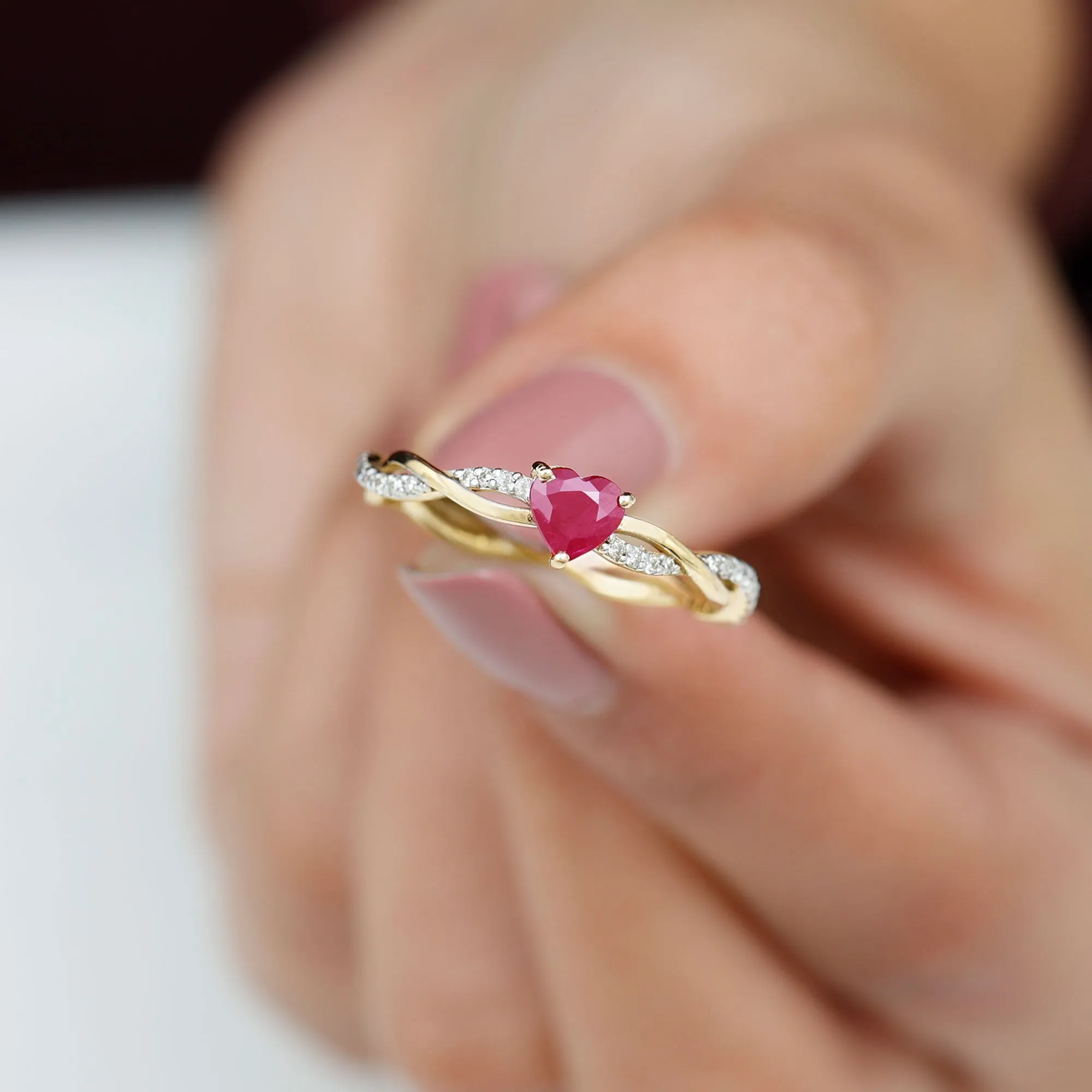 Heart Shape Solitaire Ruby and Diamond Braided Promise Ring