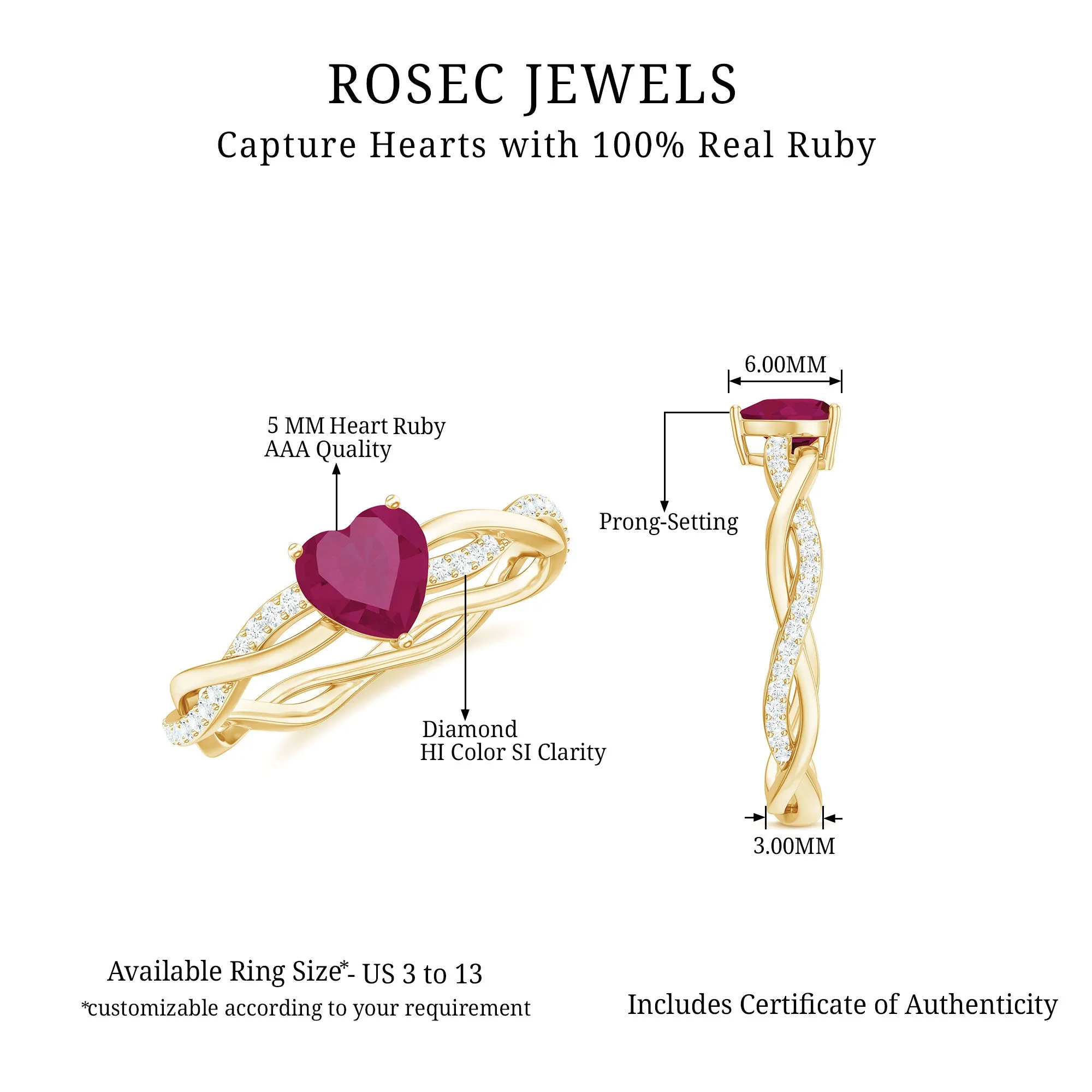 Heart Shape Solitaire Ruby and Diamond Braided Promise Ring