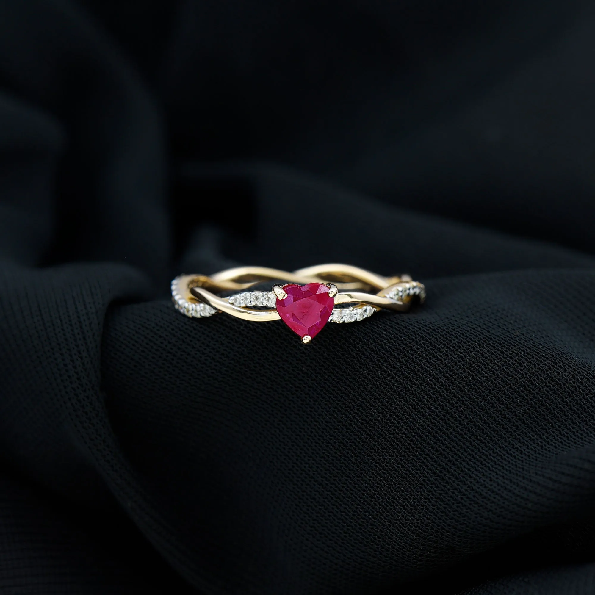 Heart Shape Solitaire Ruby and Diamond Braided Promise Ring