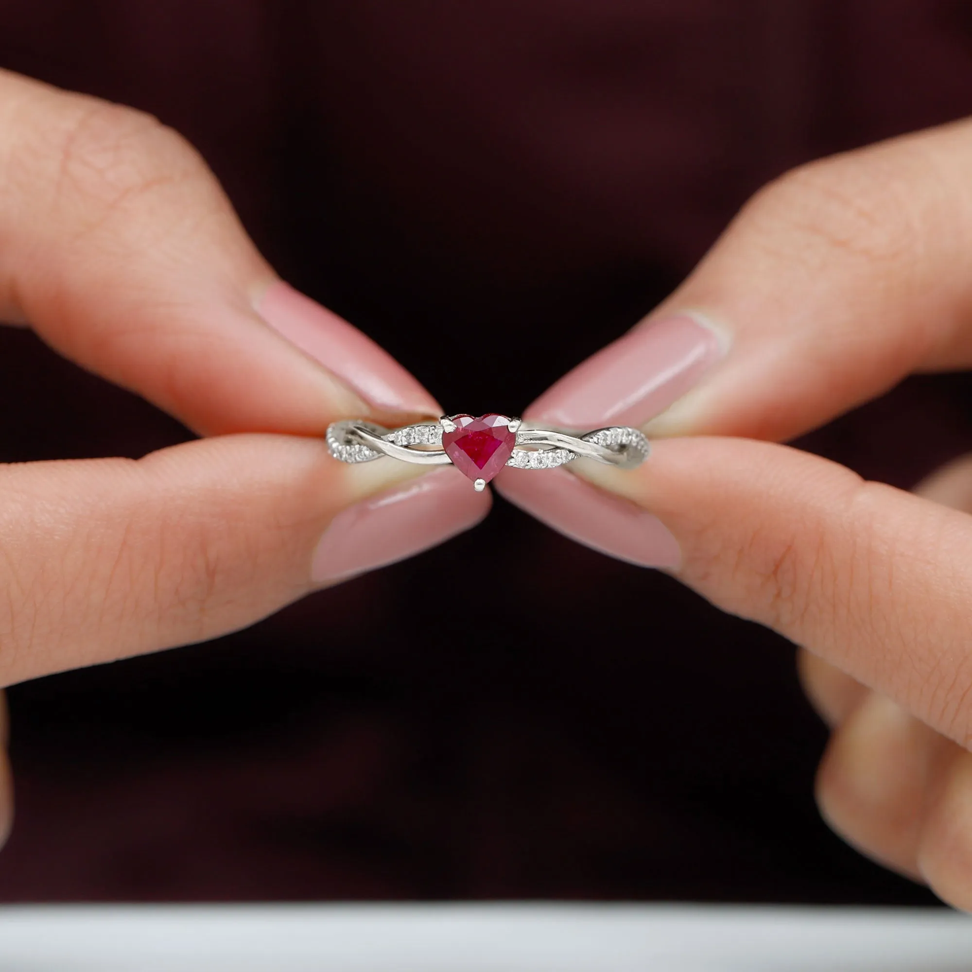 Heart Shape Solitaire Ruby and Diamond Braided Promise Ring