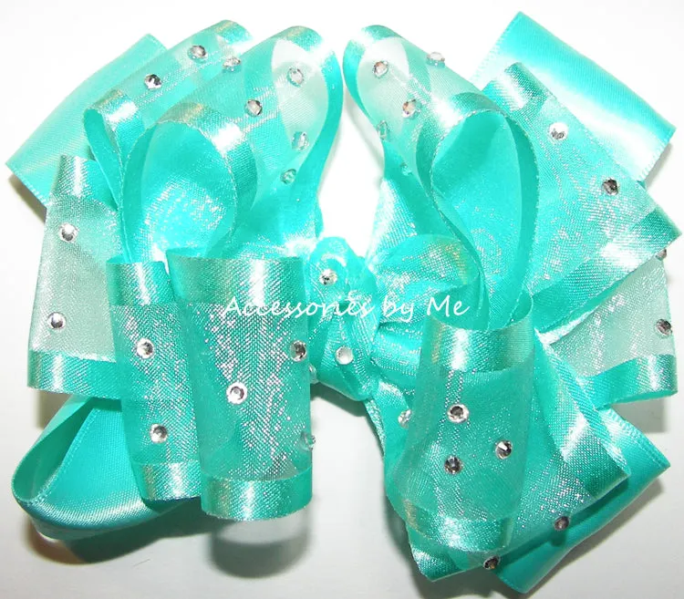 High Glitz Aqua Blue Organza Satin Hair Bow