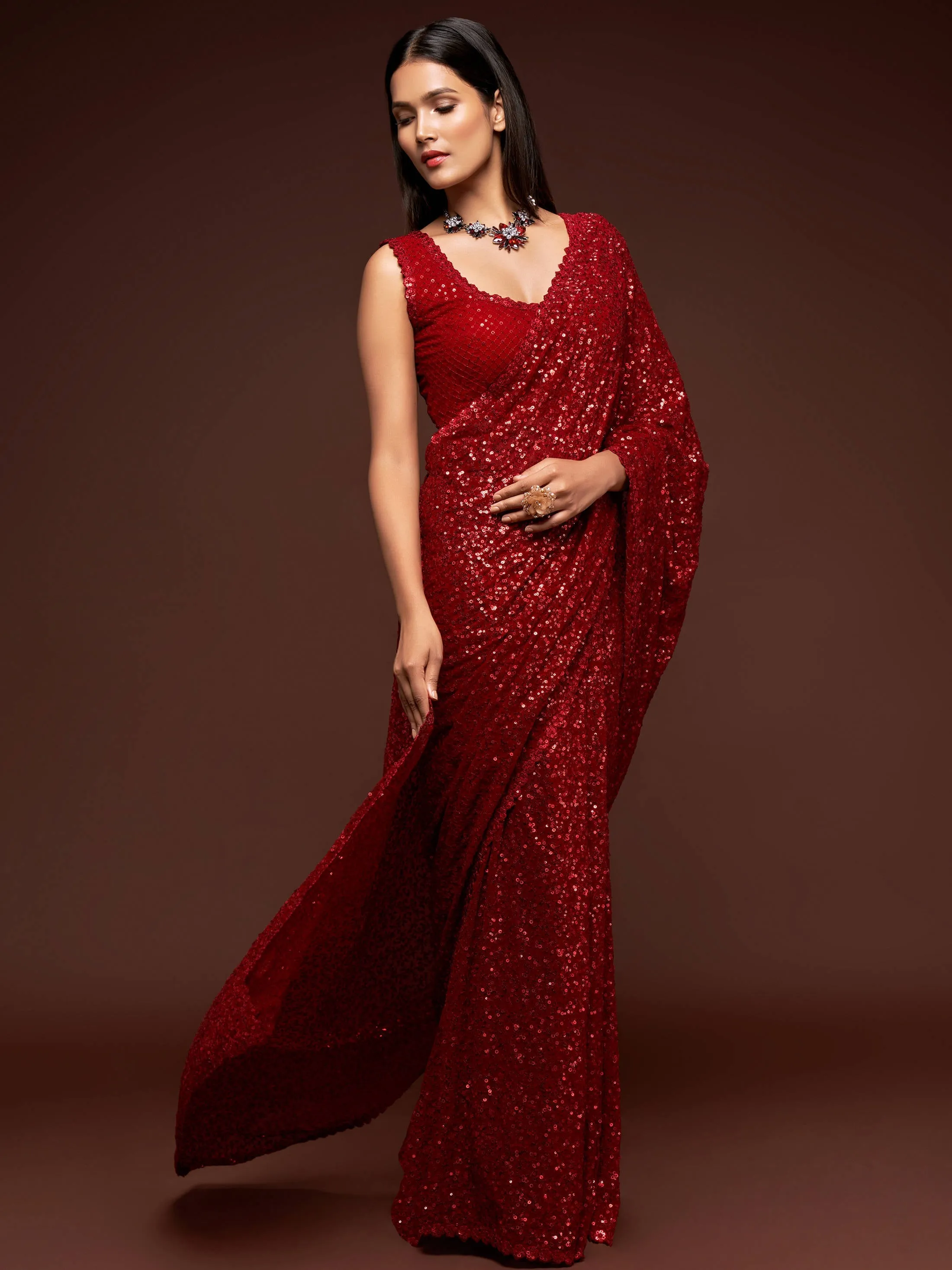 Hot Ruby Red Sequined Georgette Party Wear Saree