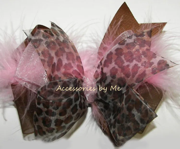 Leopard Pink Marabou Feathers Hair Bow