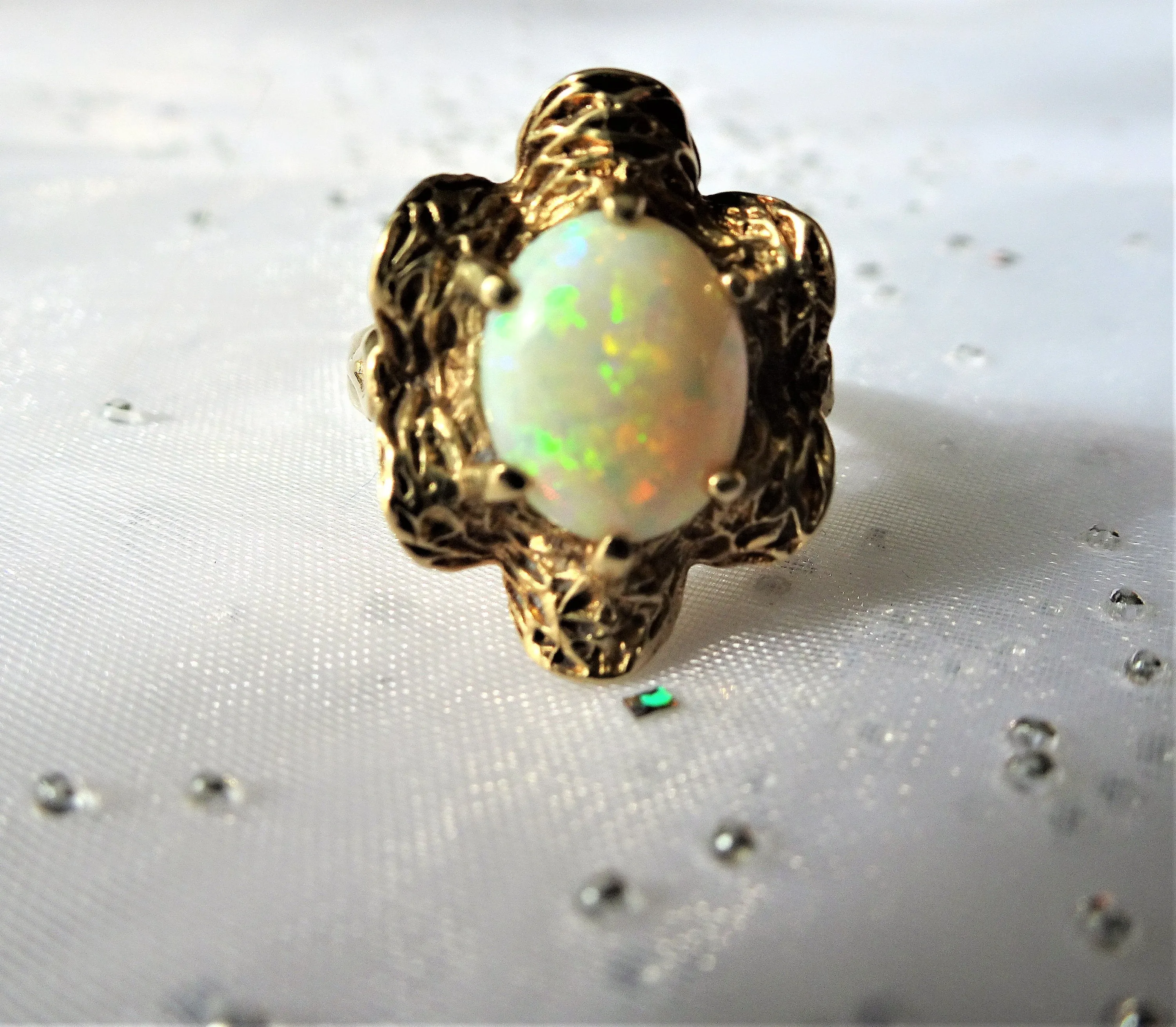 LOVELY Opal Ring,Mid Century Gold and Opal Cocktail or Daytime Ring,Textured Ruffled Setting,Large Colorful Opal,Collectible Fine Jewelry