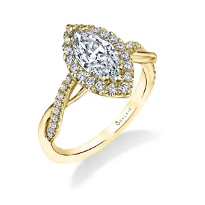 Marquise Cut Modern Halo Diamond Spiral Engagement Ring - Coralie 14k Gold Yellow