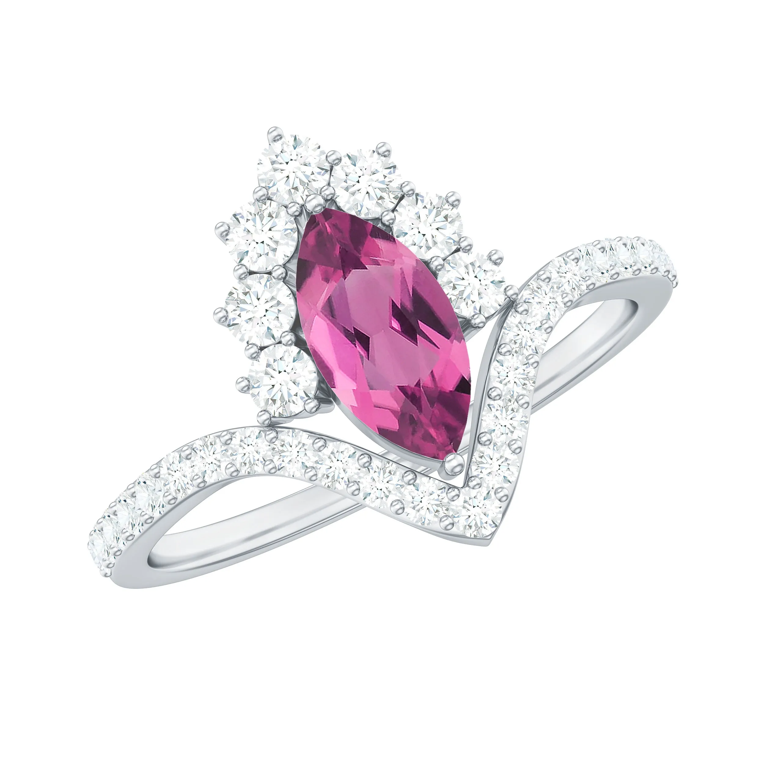 Marquise Cut Pink Tourmaline Designer Engagement Ring with Moissanite Frame