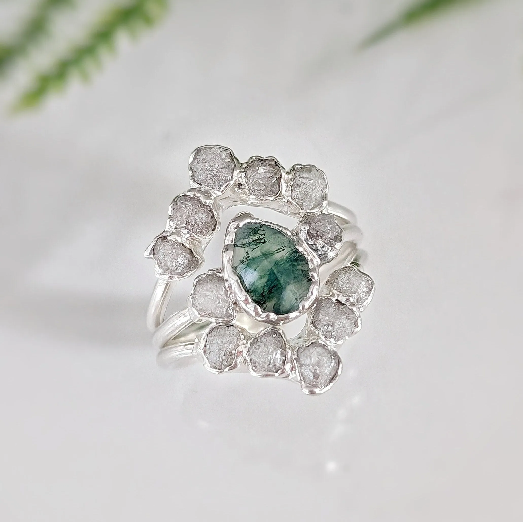 Moss Agate and raw diamond bridal ring set