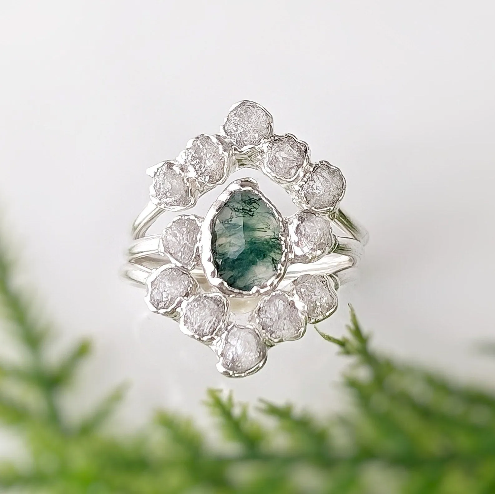 Moss Agate and raw diamond bridal ring set