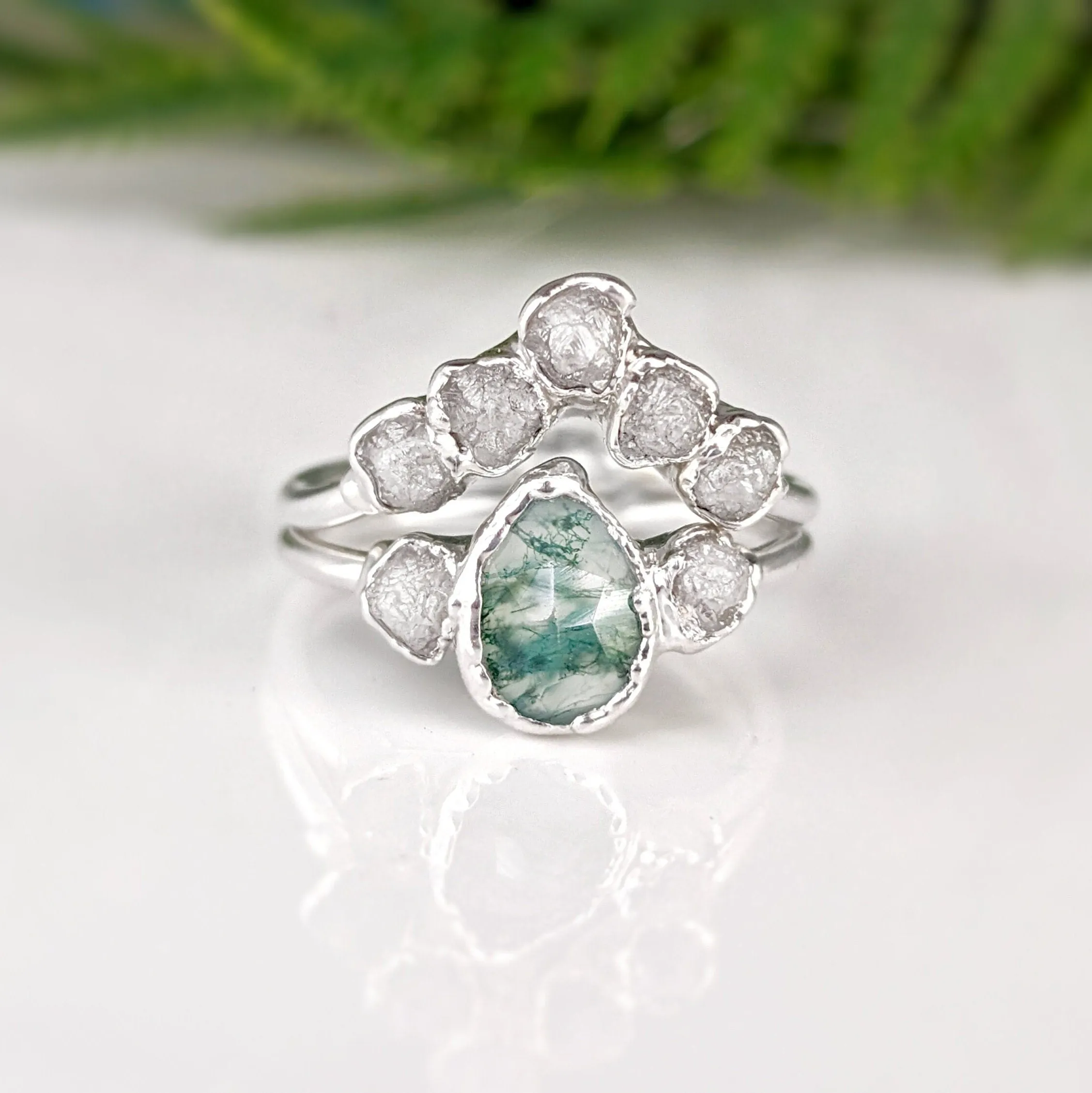 Moss Agate and raw diamond bridal ring set