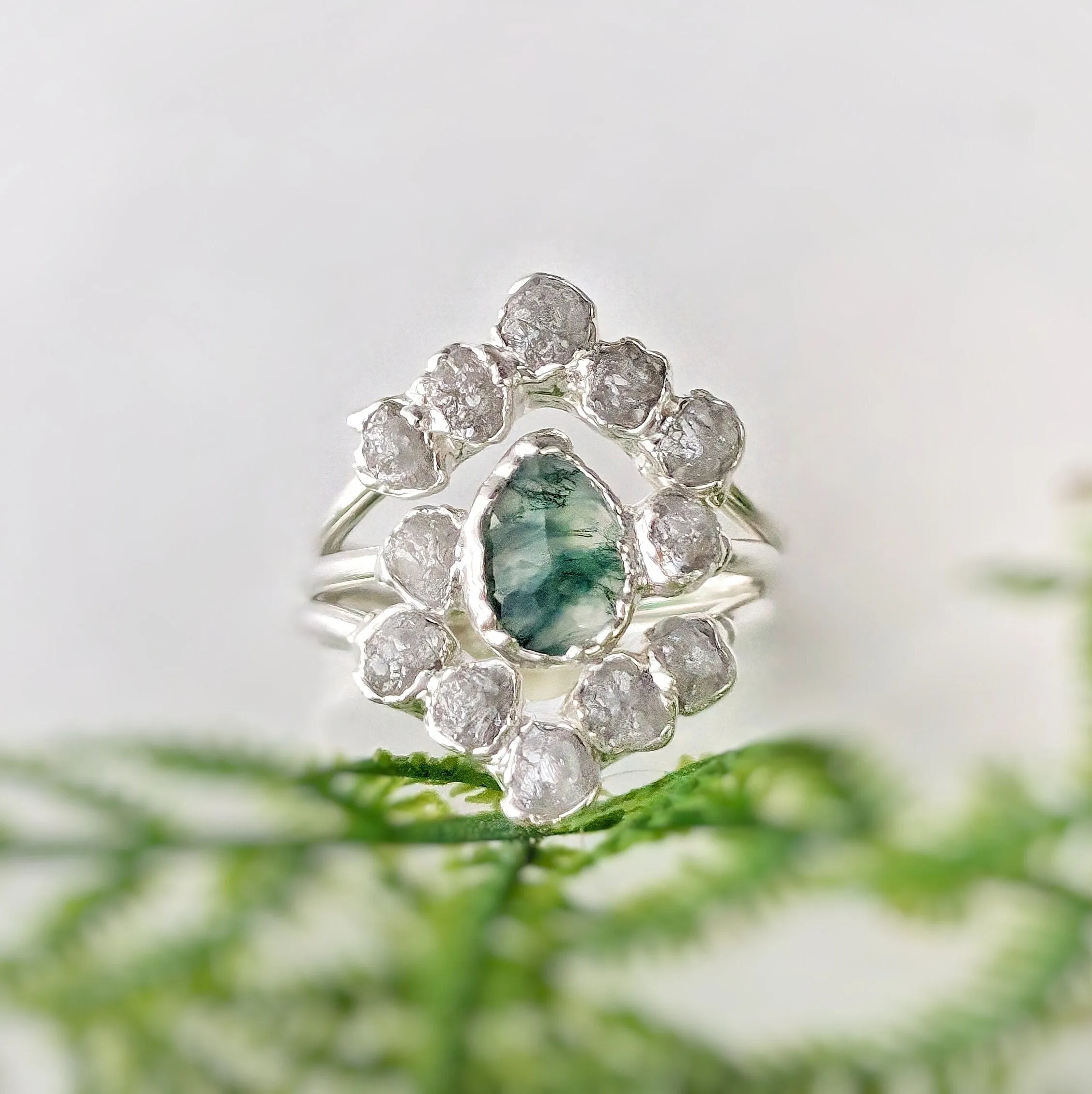 Moss Agate and raw diamond bridal ring set