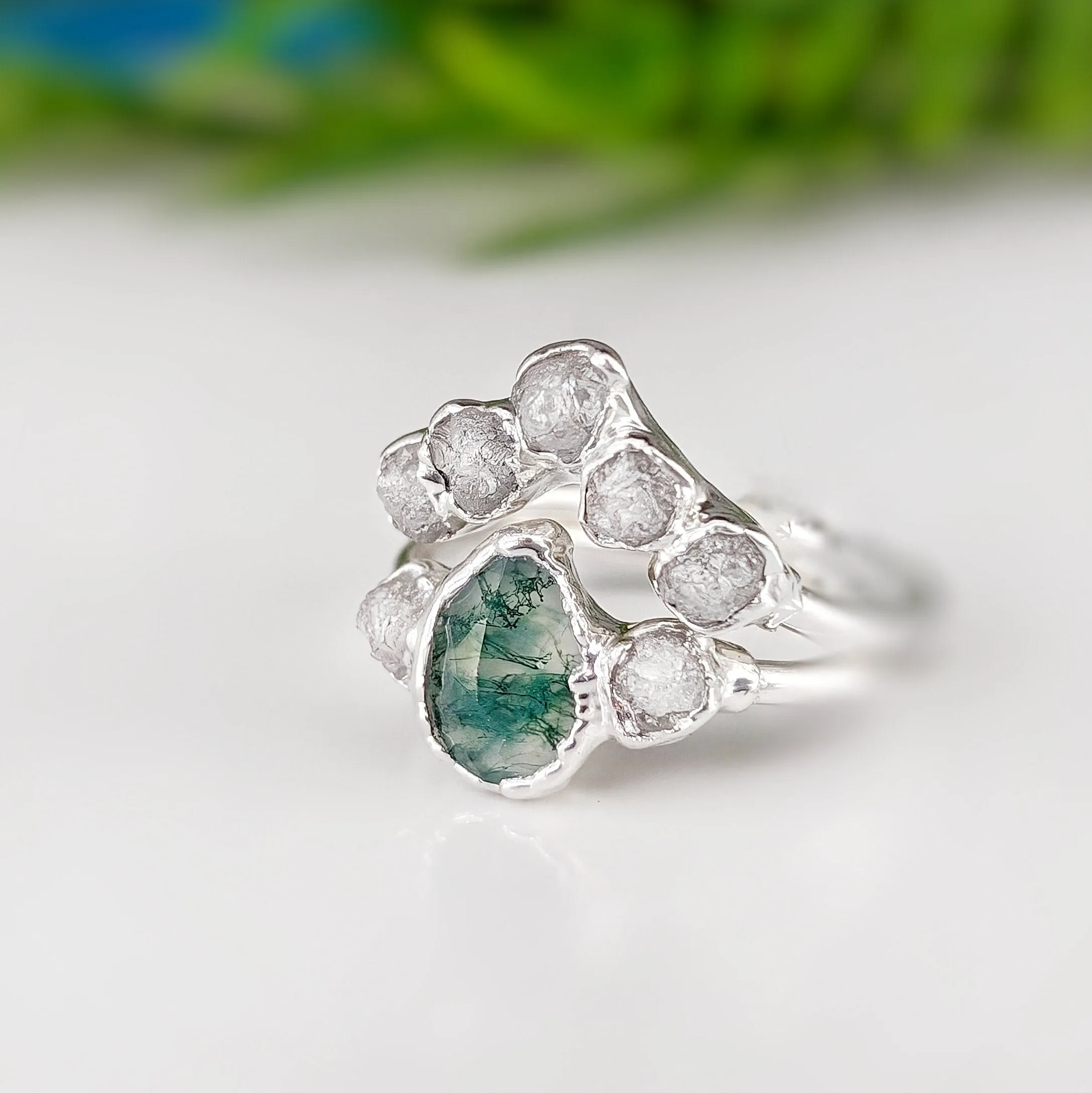 Moss Agate and raw diamond bridal ring set