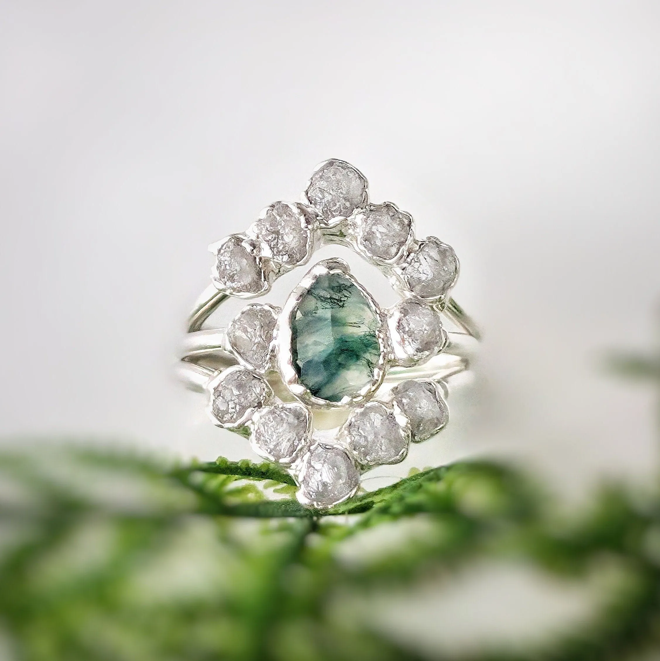 Moss Agate and raw diamond bridal ring set