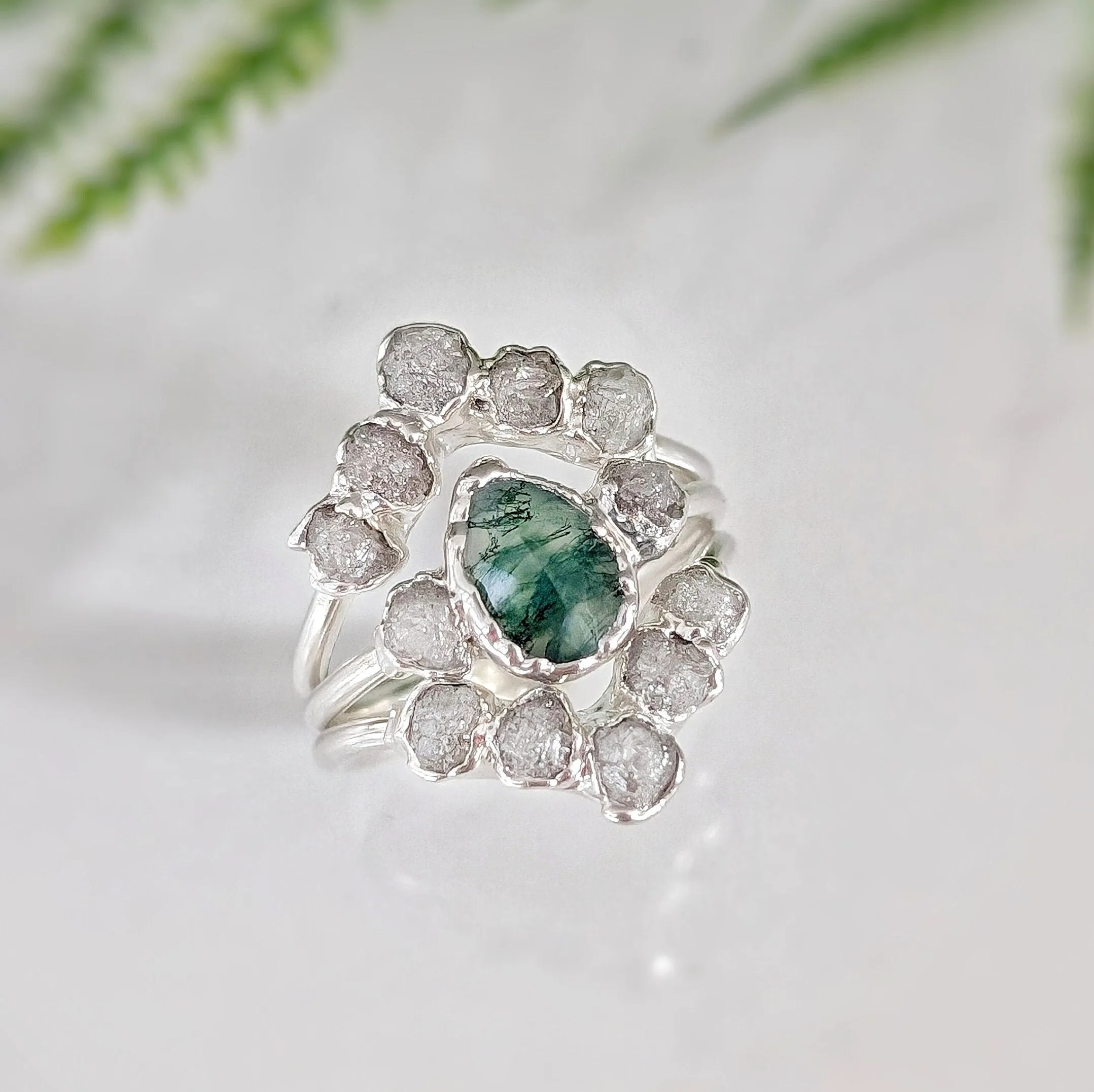 Moss Agate and raw diamond bridal ring set