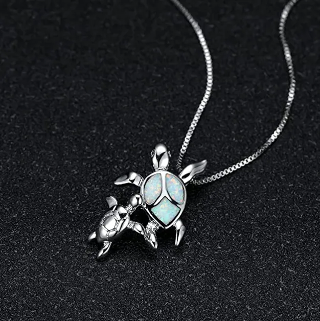 Mother Child Turtle Necklace Opal Pendant Beach Ocean Tropical Sea Turtle Baby Family Jewelry Hawaiian Chain Gift 925 Sterling Silver 20in.