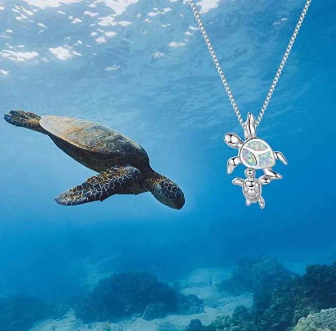 Mother Child Turtle Necklace Opal Pendant Beach Ocean Tropical Sea Turtle Baby Family Jewelry Hawaiian Chain Gift 925 Sterling Silver 20in.