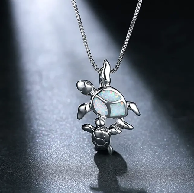 Mother Child Turtle Necklace Opal Pendant Beach Ocean Tropical Sea Turtle Baby Family Jewelry Hawaiian Chain Gift 925 Sterling Silver 20in.