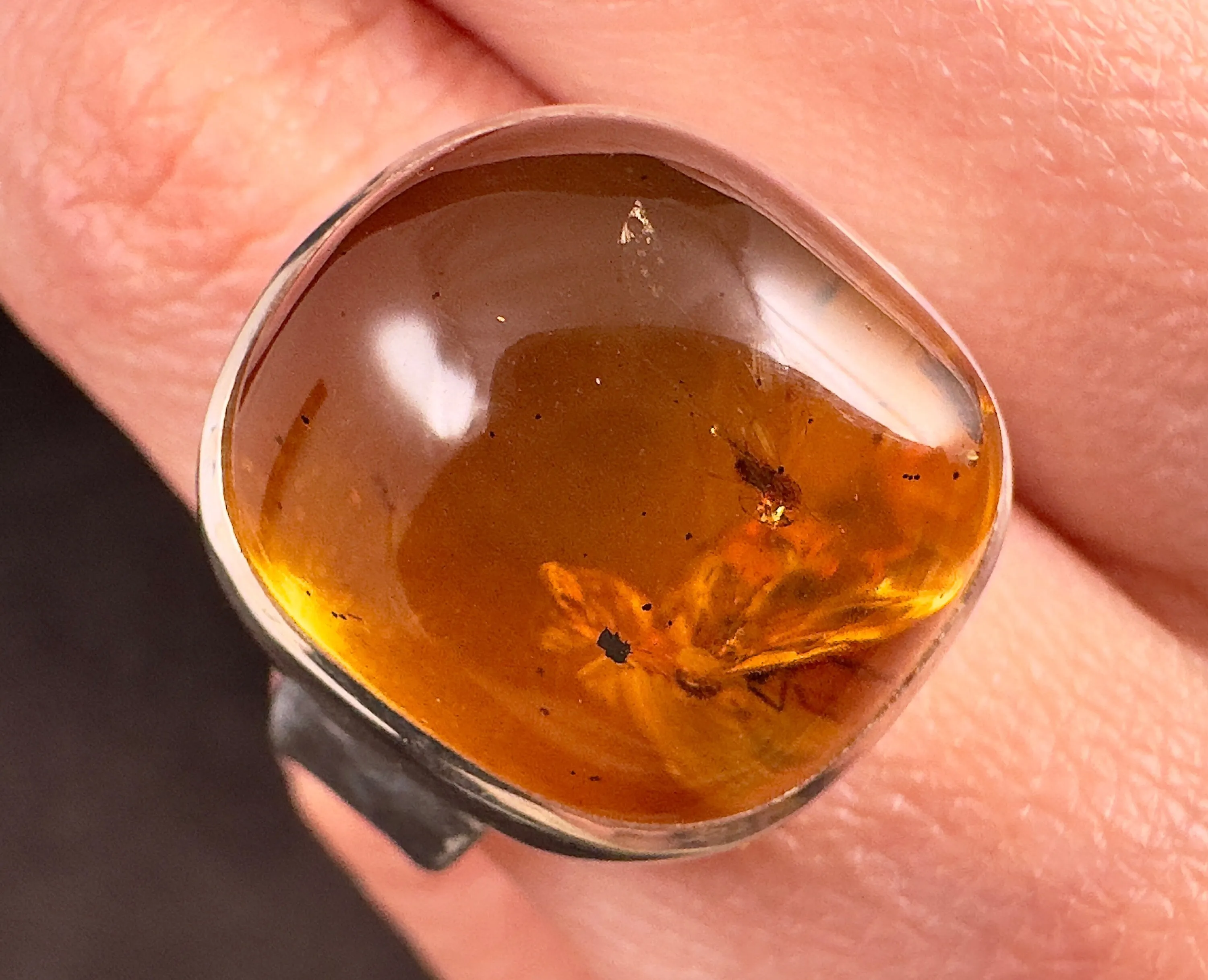 Natural AMBER Ring Insects - SIZE 7.5- Genuine Sterling Silver Ring with a Polished AMBER Center Stone, 53779