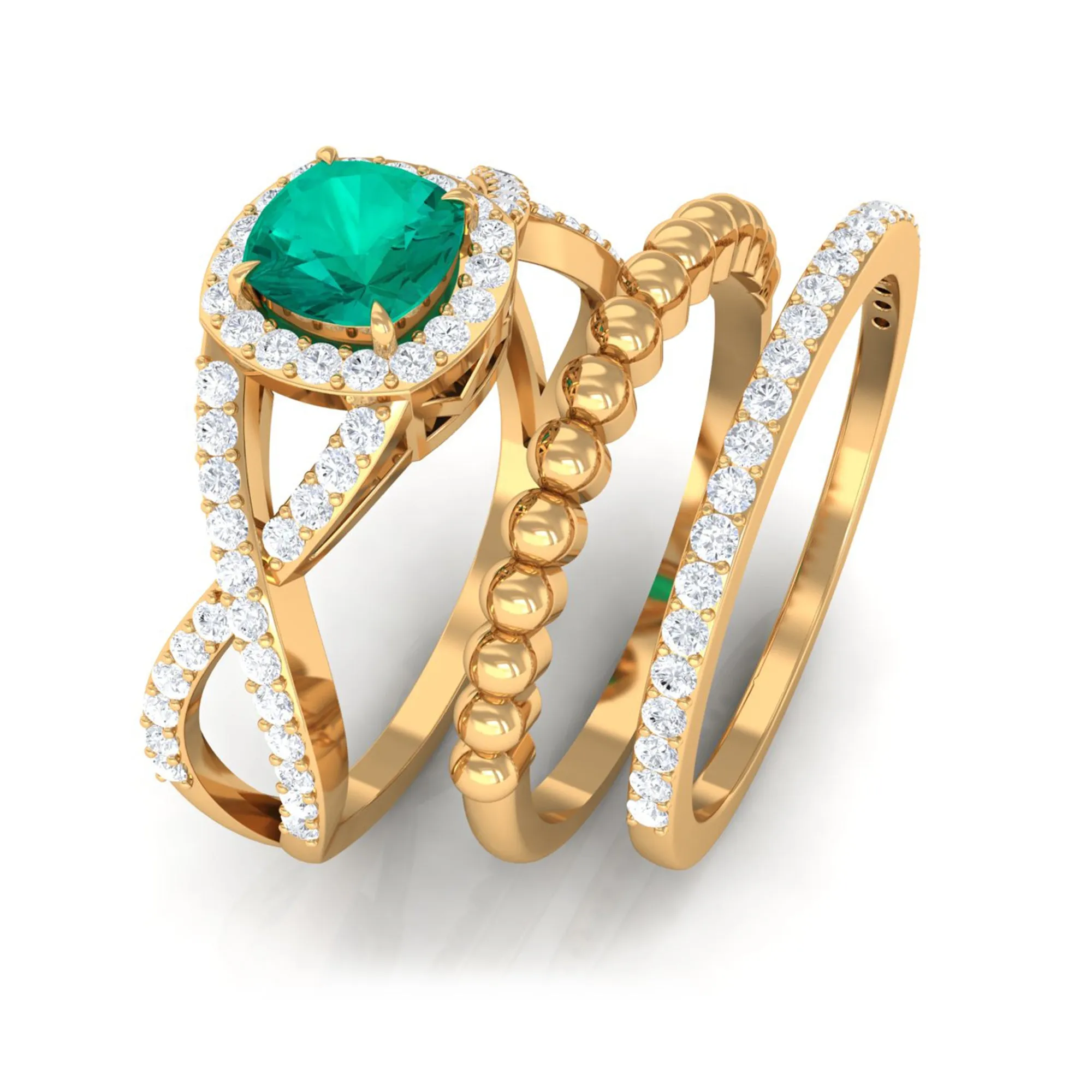 Natural Emerald and Moissanite Stackable Ring Set