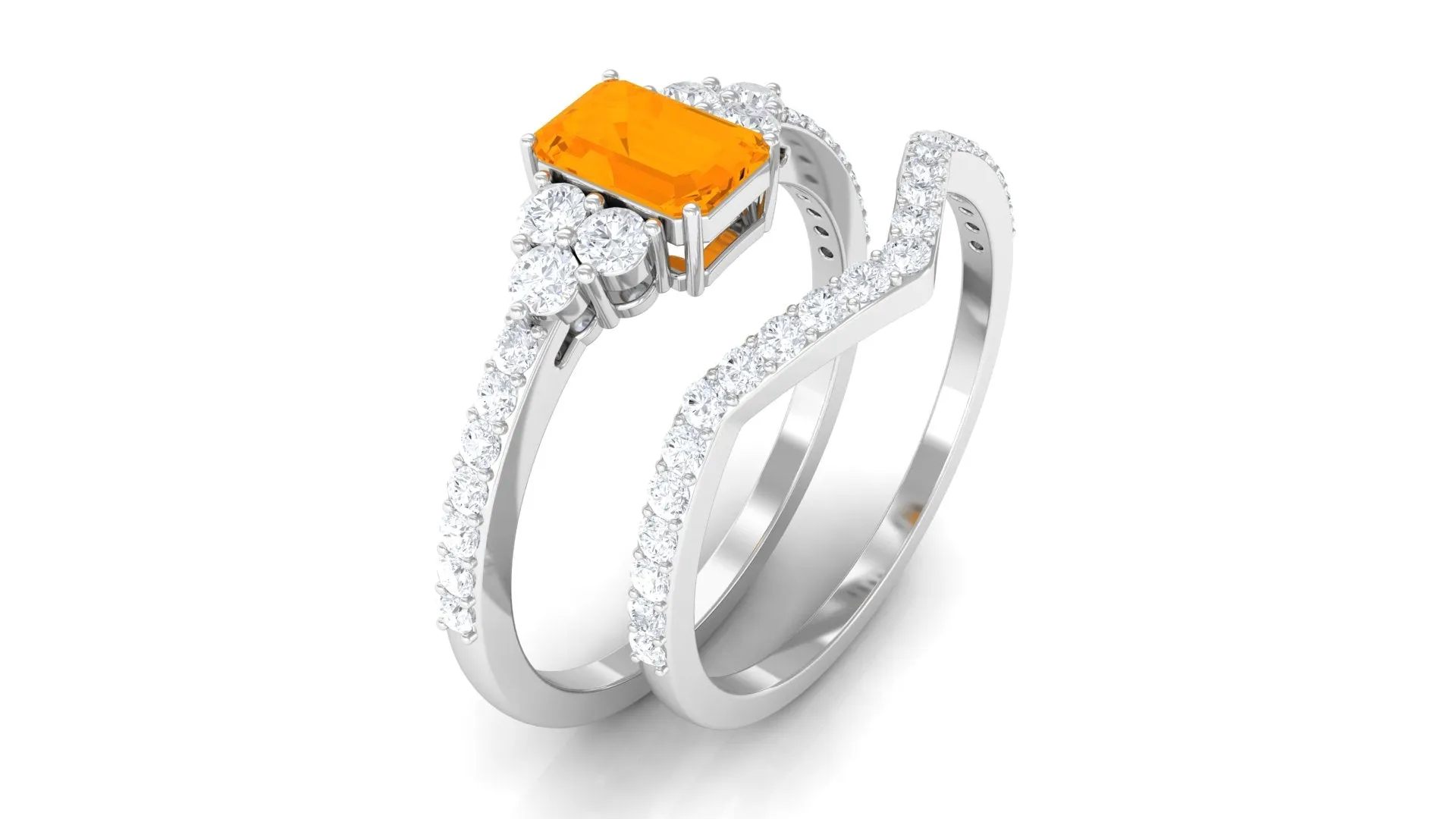 Natural Fire Opal and Diamond Stackable Ring Set