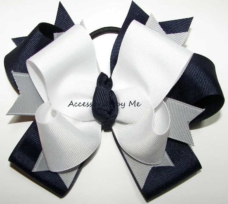 Navy Blue White Gray Cheer Ponytail Bow