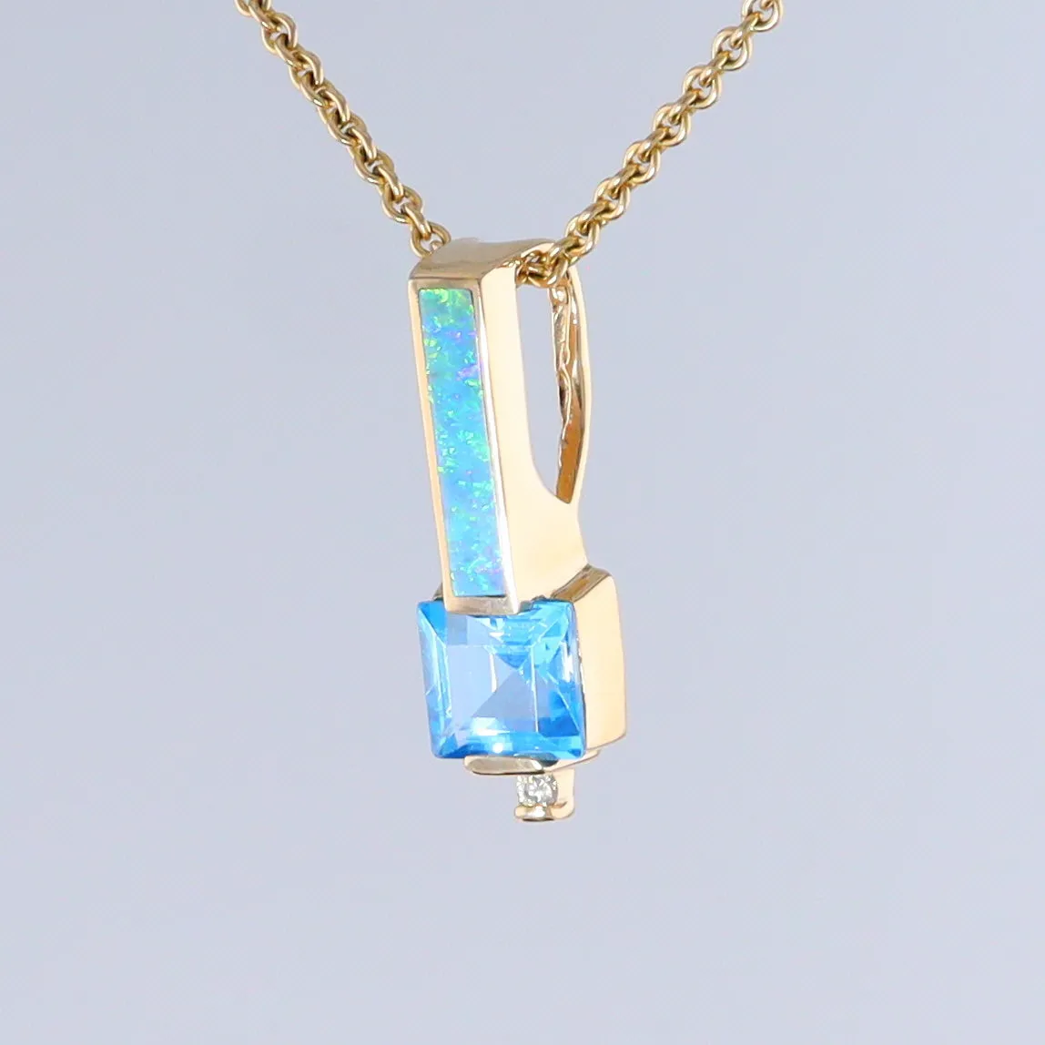 Opal Pendant Rectangle Inlaid with Blue Topaz and 0.03ctw Round Diamond