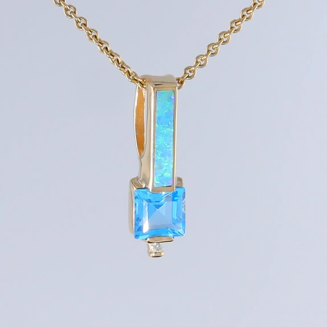 Opal Pendant Rectangle Inlaid with Blue Topaz and 0.03ctw Round Diamond