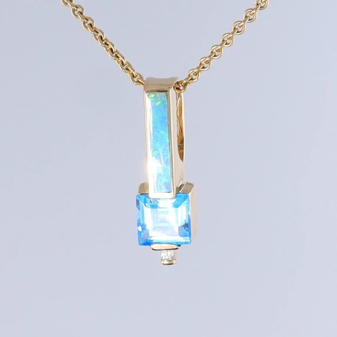 Opal Pendant Rectangle Inlaid with Blue Topaz and 0.03ctw Round Diamond