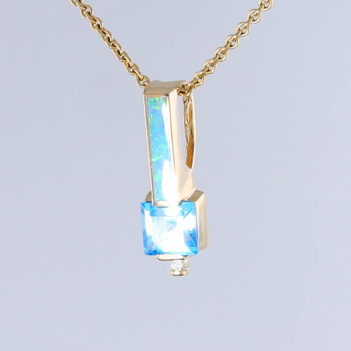 Opal Pendant Rectangle Inlaid with Blue Topaz and 0.03ctw Round Diamond