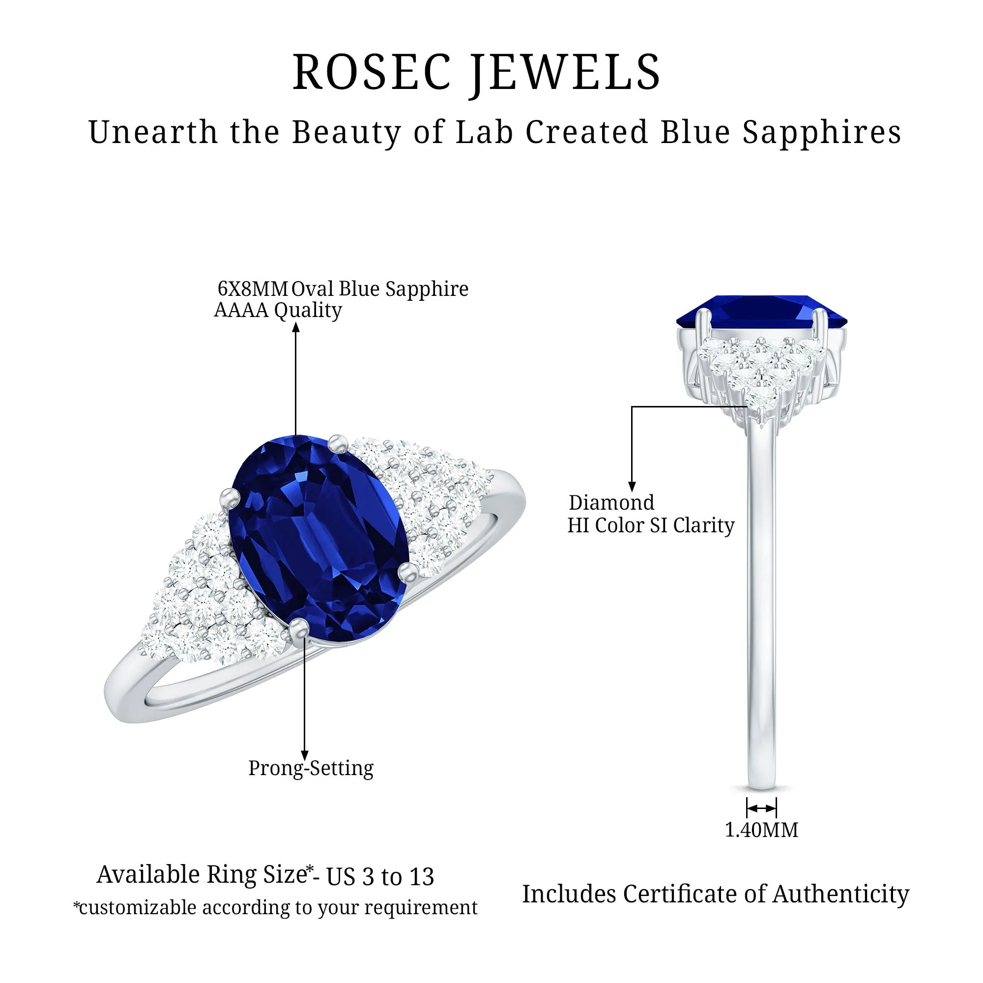 Oval Lab Grown Blue Sapphire Engagement Ring with Diamond Cluster