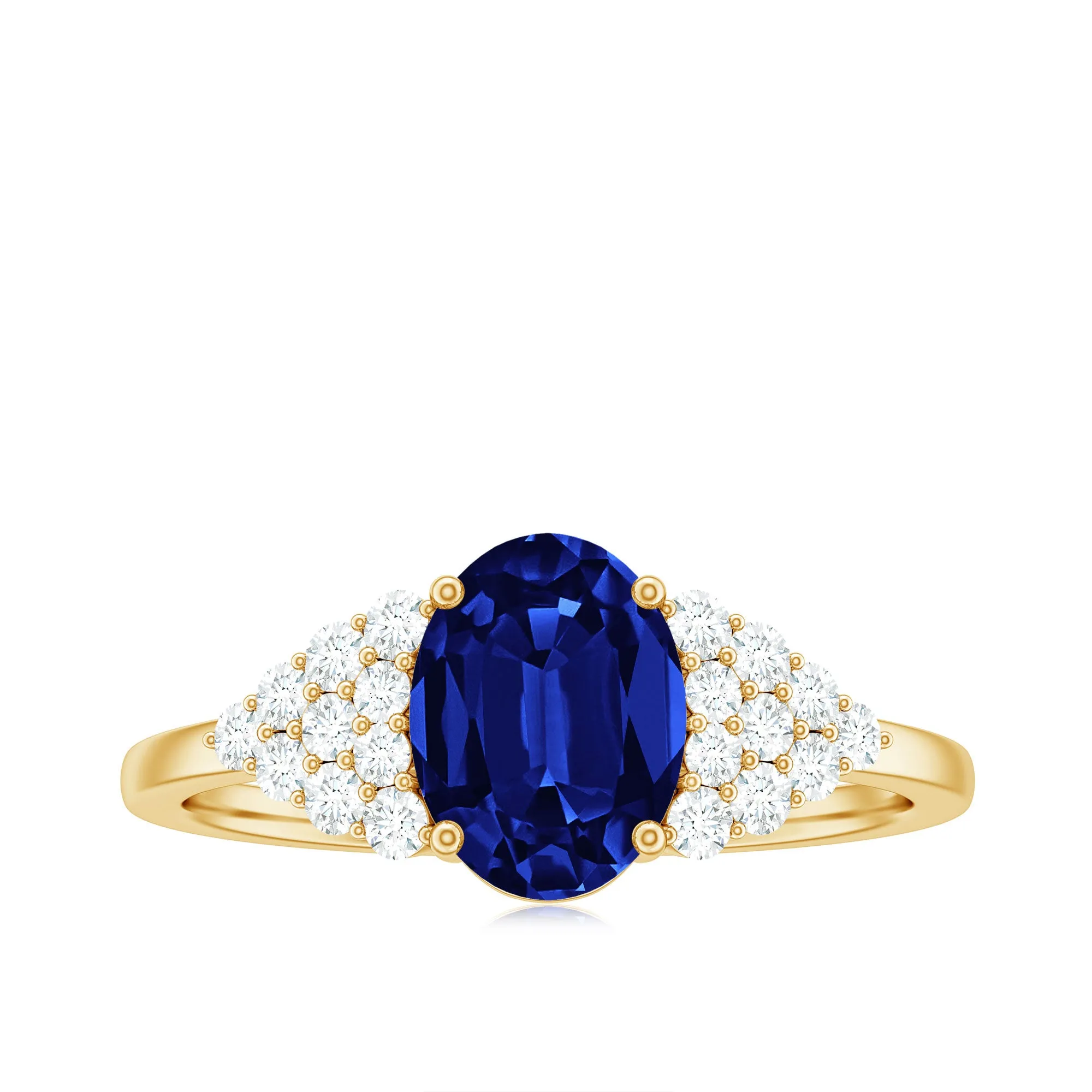 Oval Lab Grown Blue Sapphire Engagement Ring with Diamond Cluster