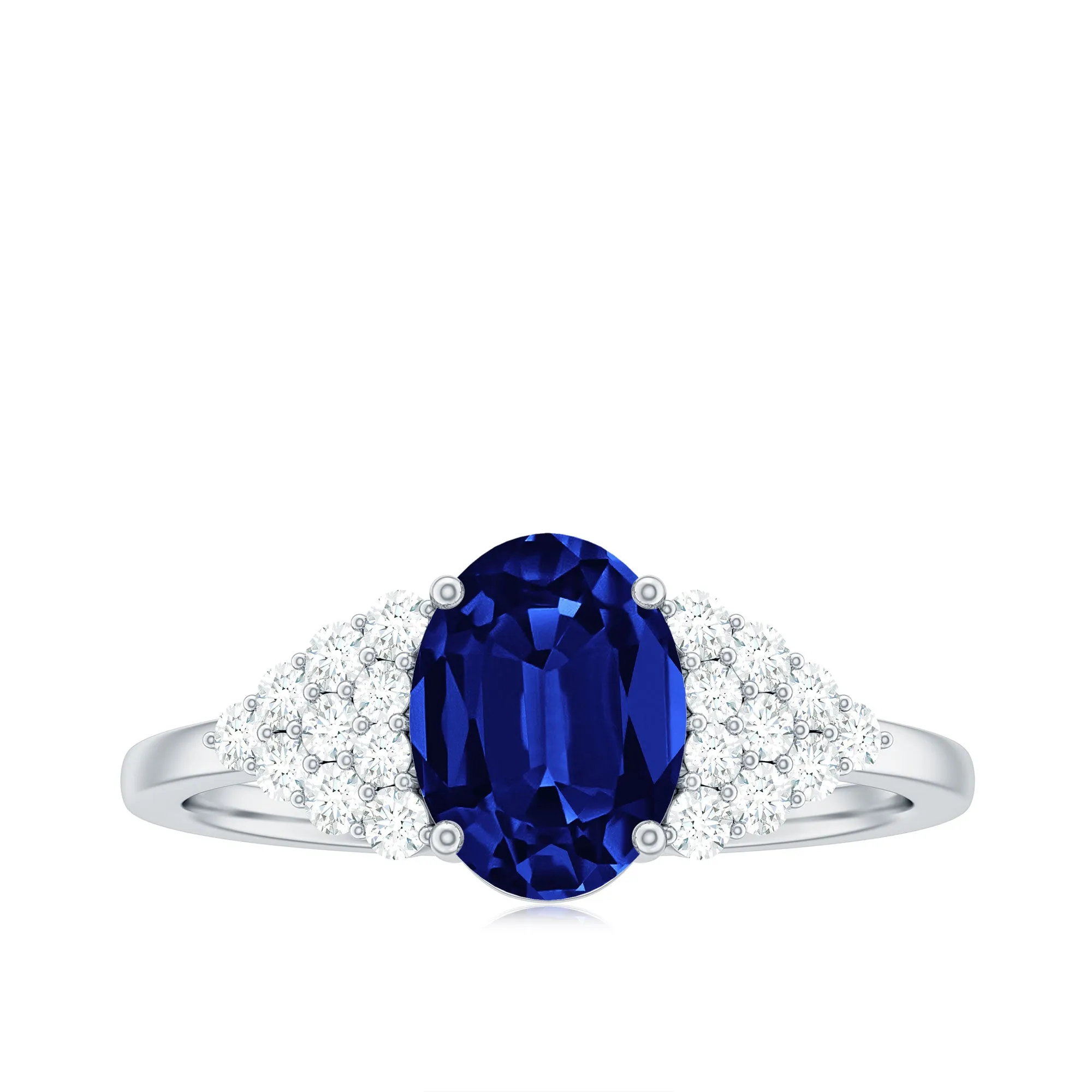 Oval Lab Grown Blue Sapphire Engagement Ring with Diamond Cluster