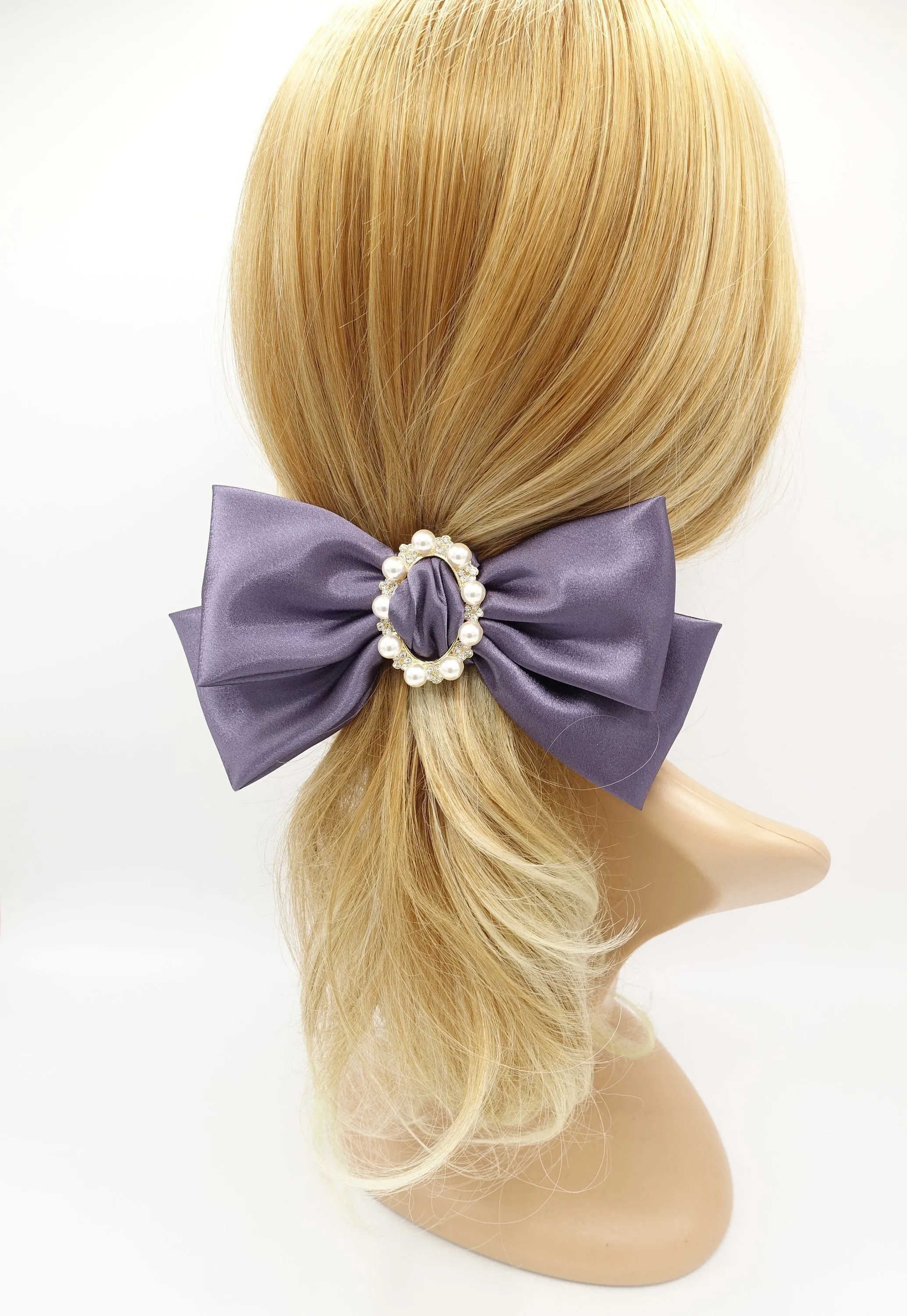 pearl rhinestone buckle embellished satin hair bow