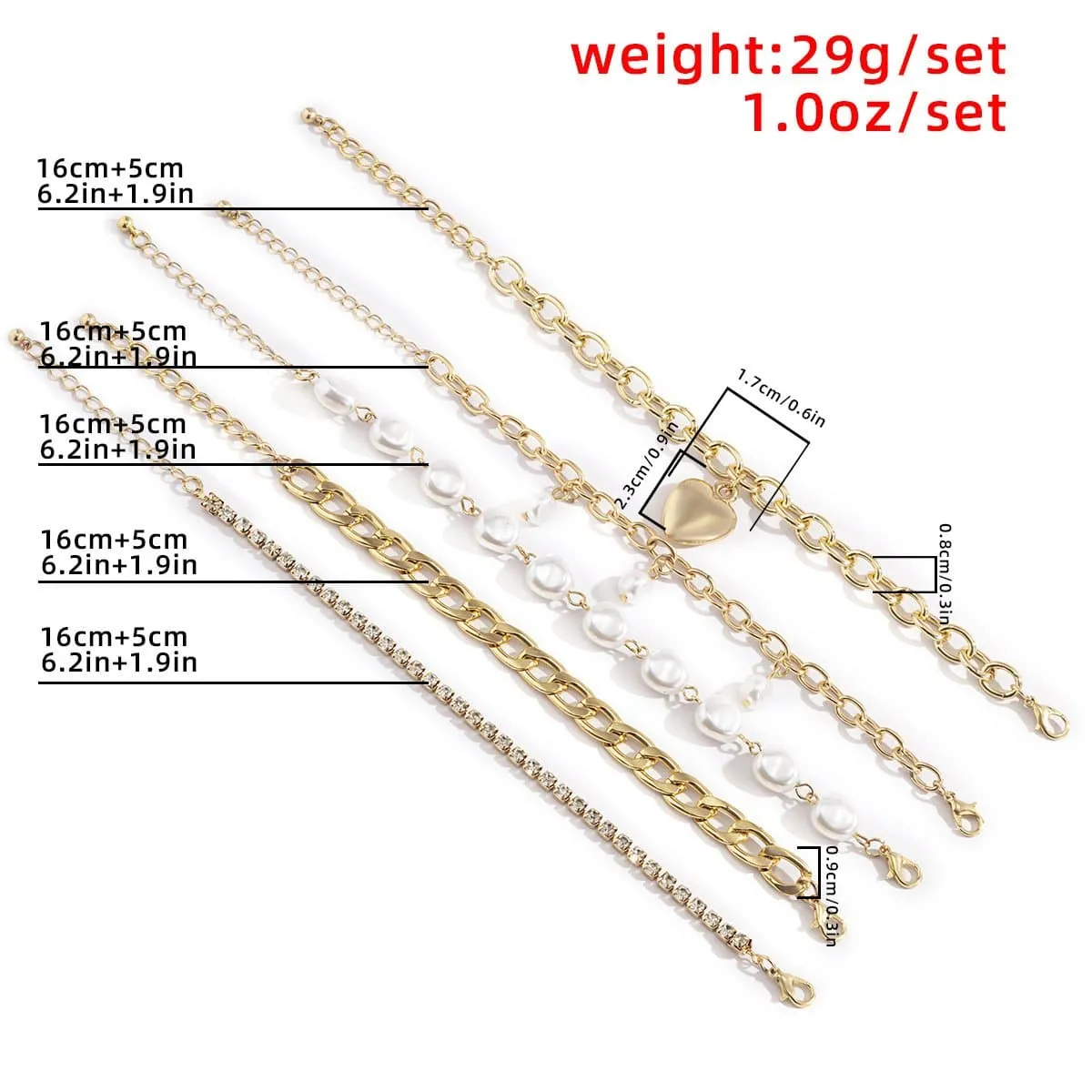 Pearl rhinestone chain 5 pcs bracelet