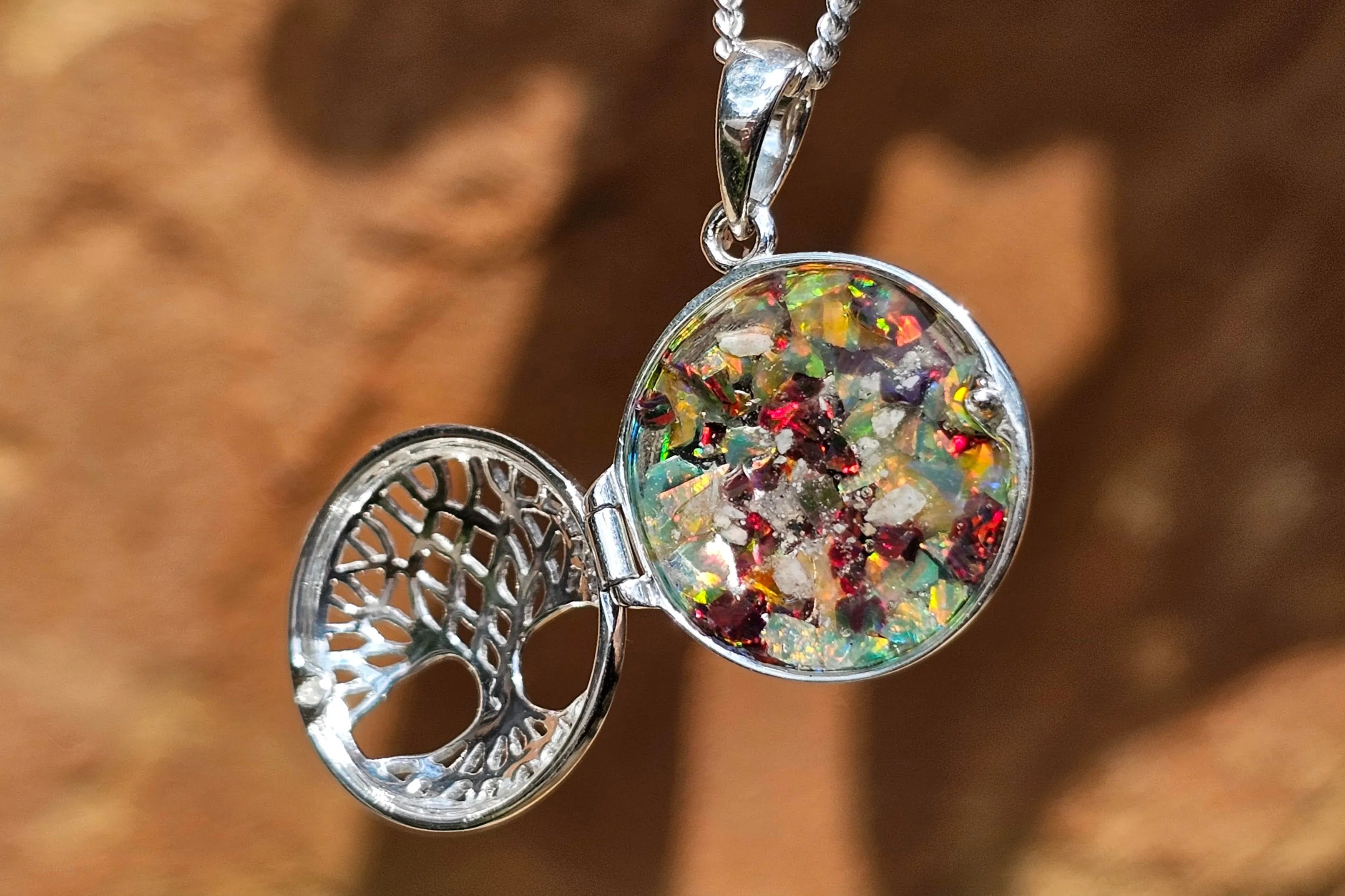 Petite Tree of Life Locket with Opal and Cremation Ash