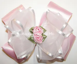 Pink White Organza Satin Floral Hair Bow