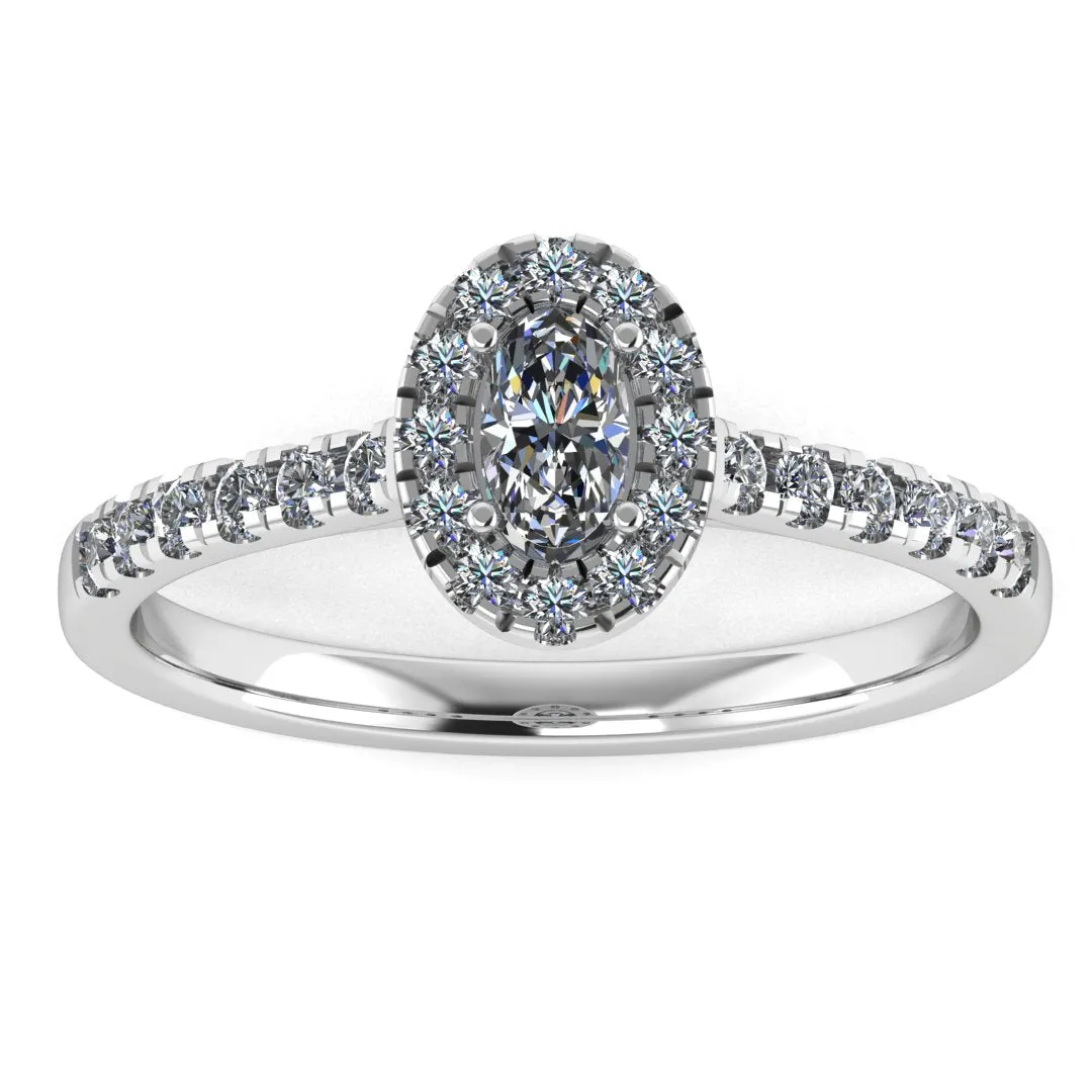 "Echo" Halo Oval Cut Diamond Scallop Set Diamond Shoulder Engagement Ring HAOC07