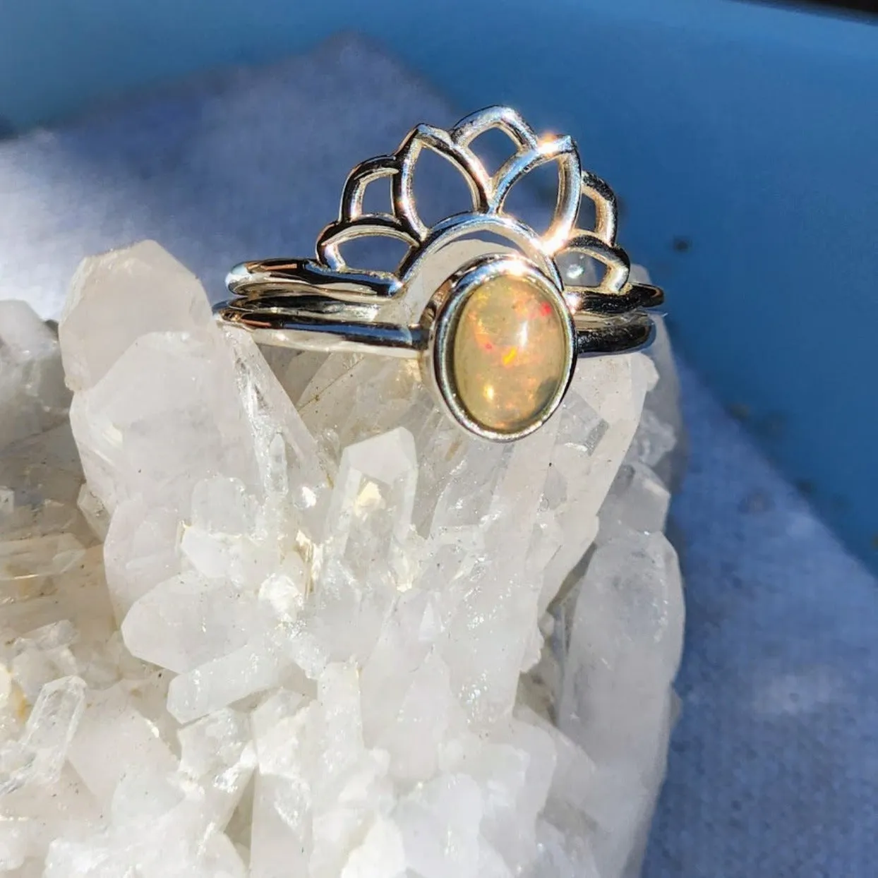 RAINBOW LOTUS - OPAL 925 SILVER RING SET