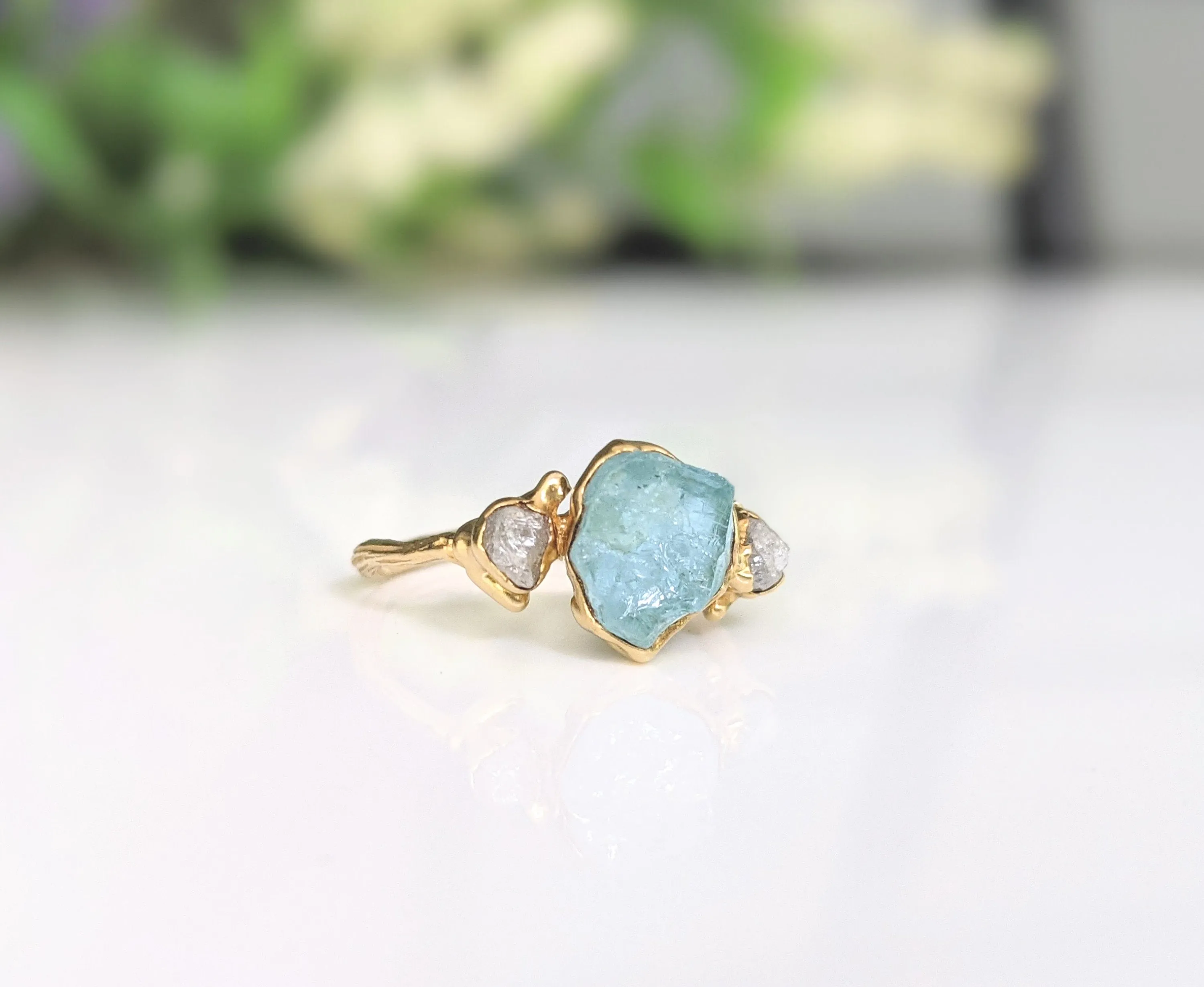 Raw Aquamarine & diamond twig ring