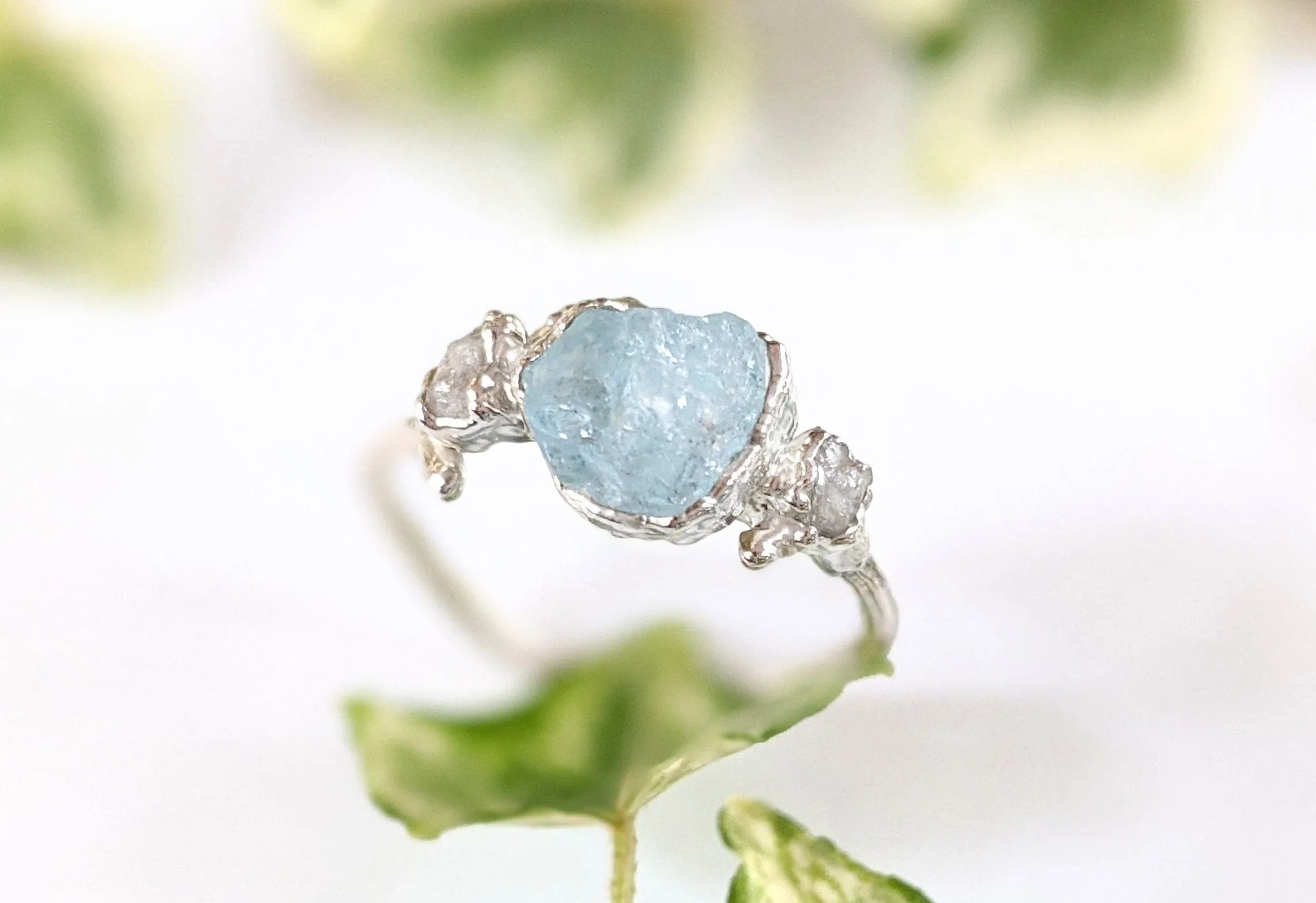 Raw Aquamarine & diamond twig ring