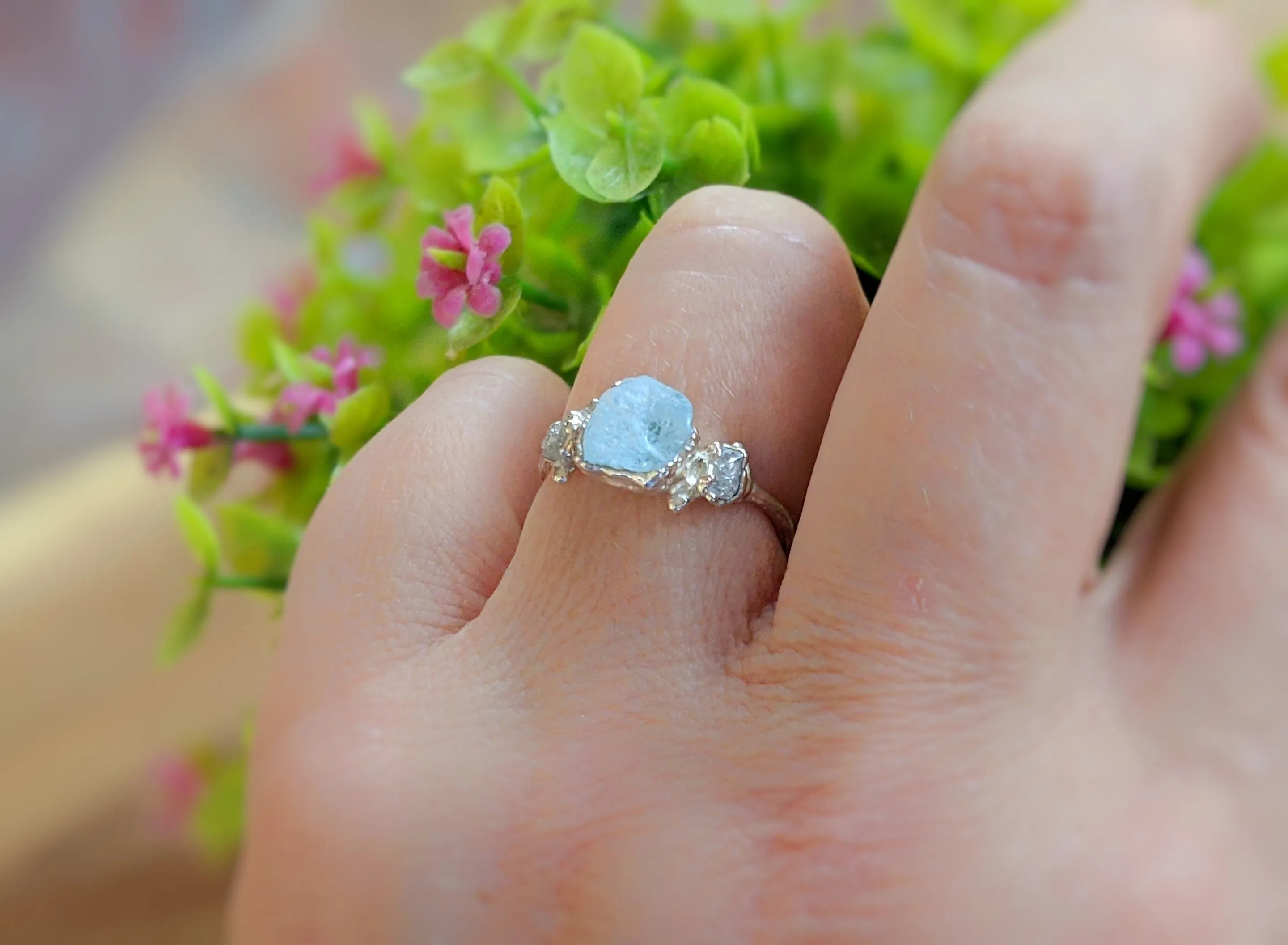 Raw Aquamarine & diamond twig ring