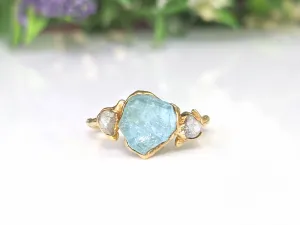 Raw Aquamarine & diamond twig ring