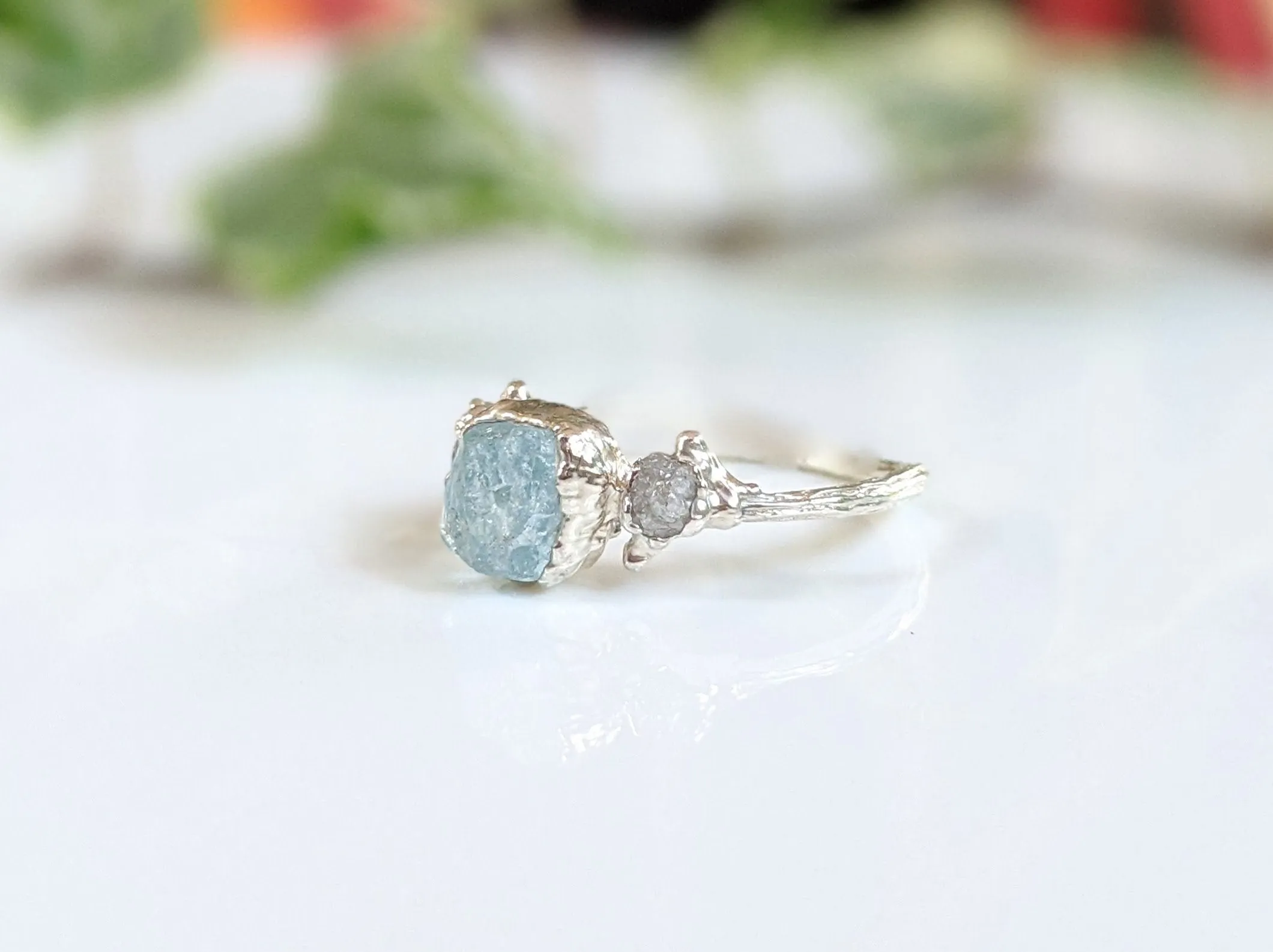 Raw Aquamarine & diamond twig ring