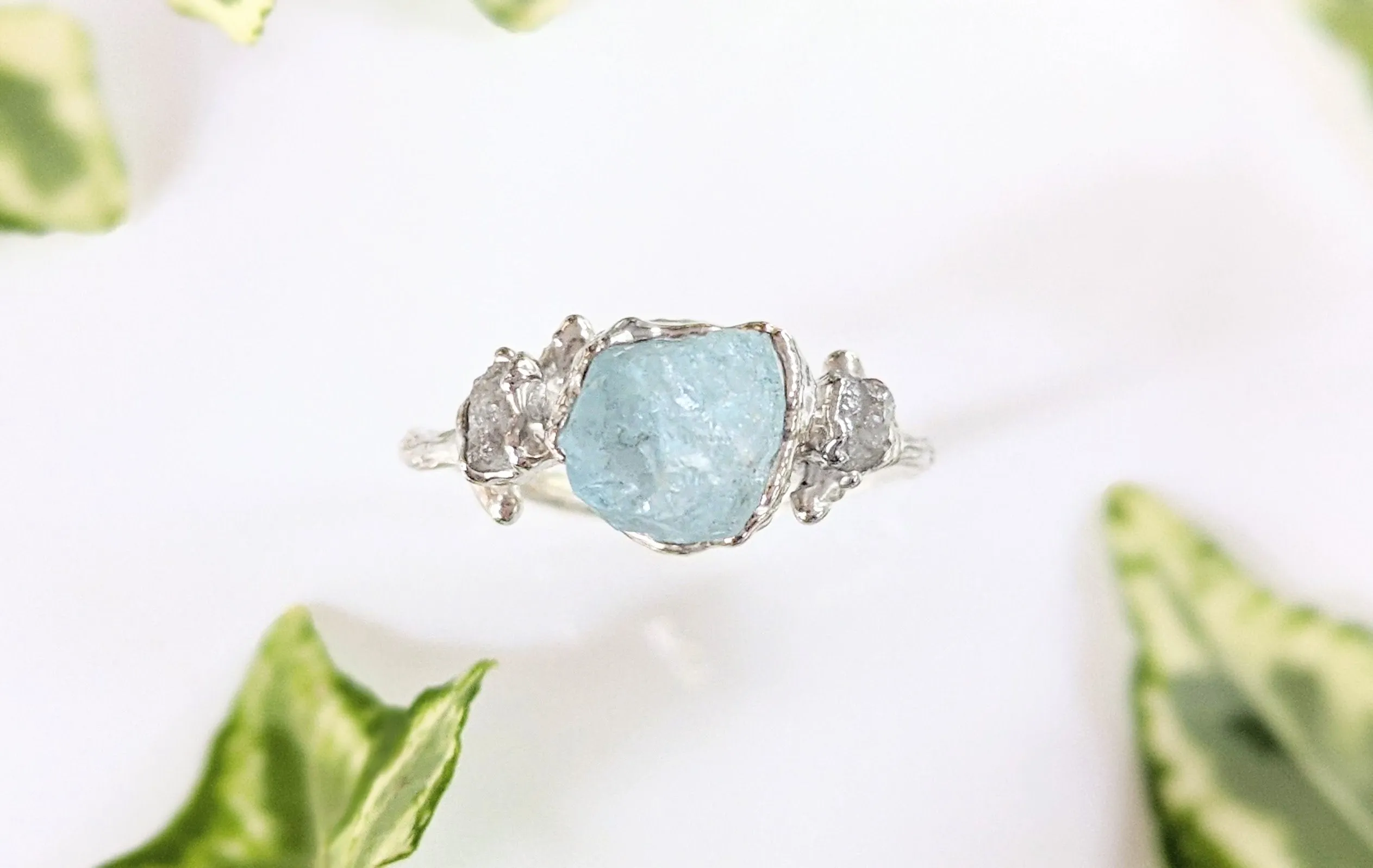 Raw Aquamarine & diamond twig ring