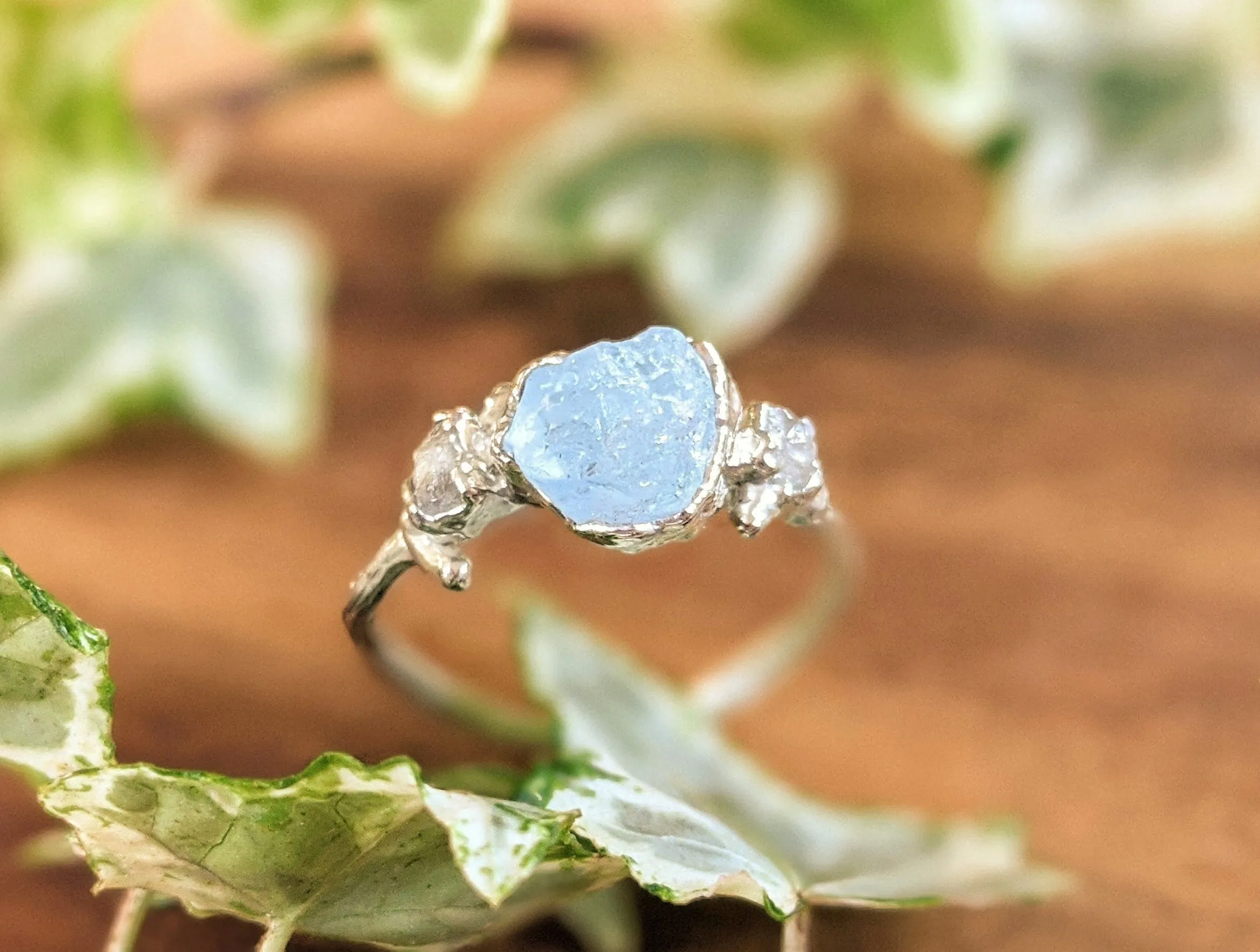 Raw Aquamarine & diamond twig ring