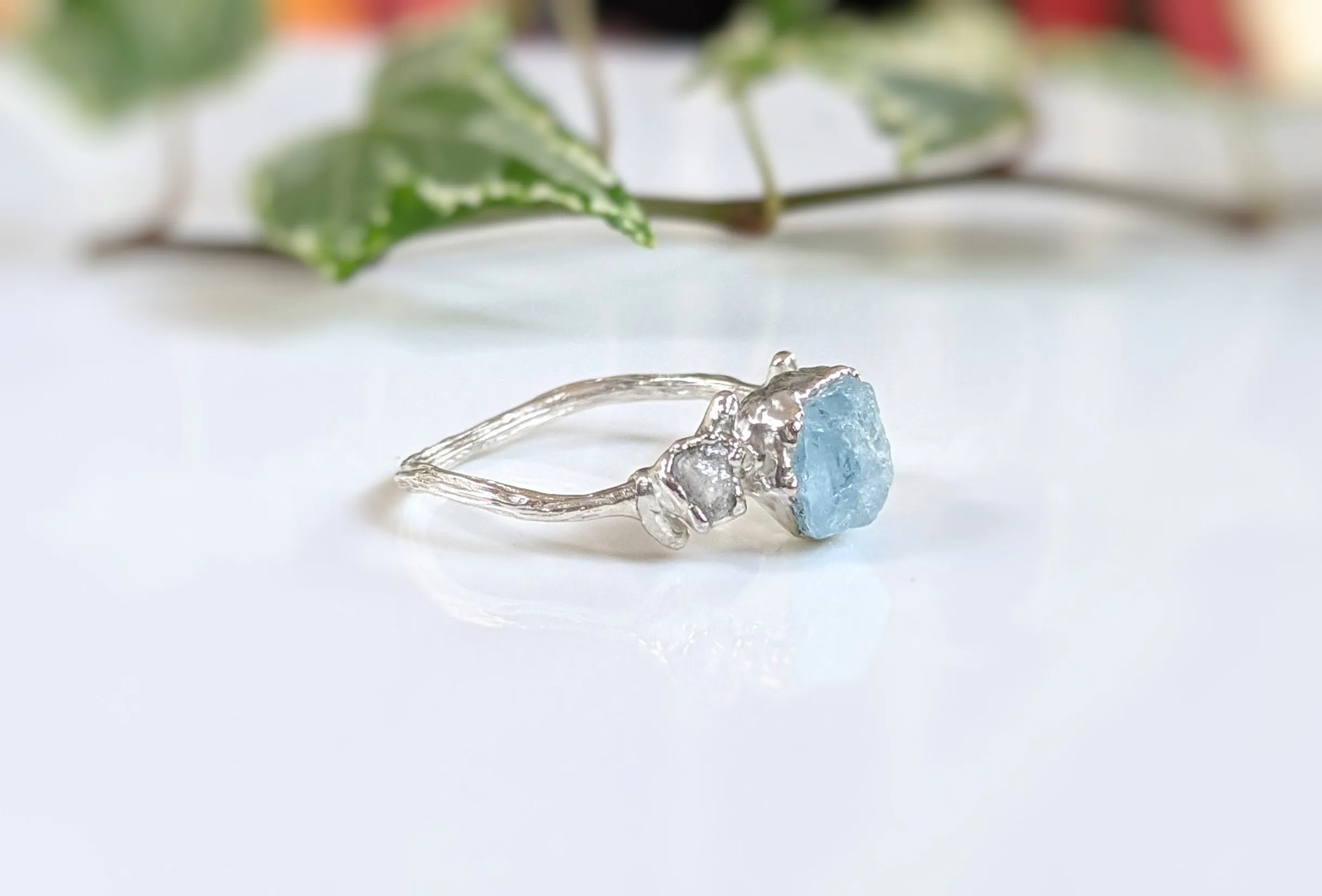 Raw Aquamarine & diamond twig ring