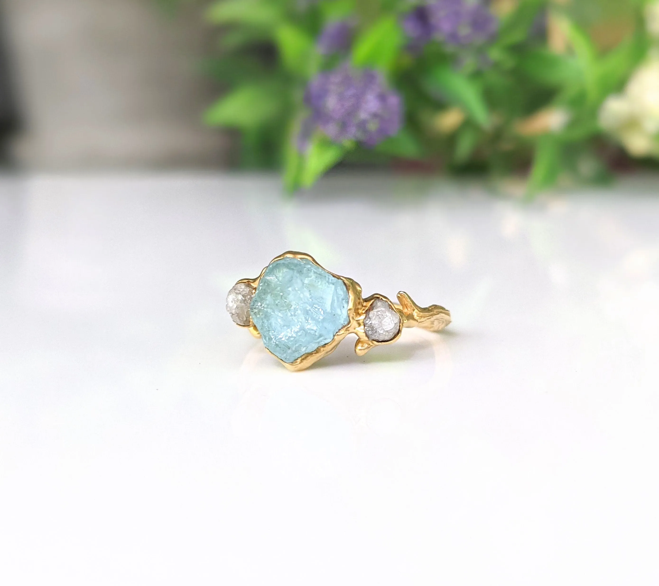 Raw Aquamarine & diamond twig ring